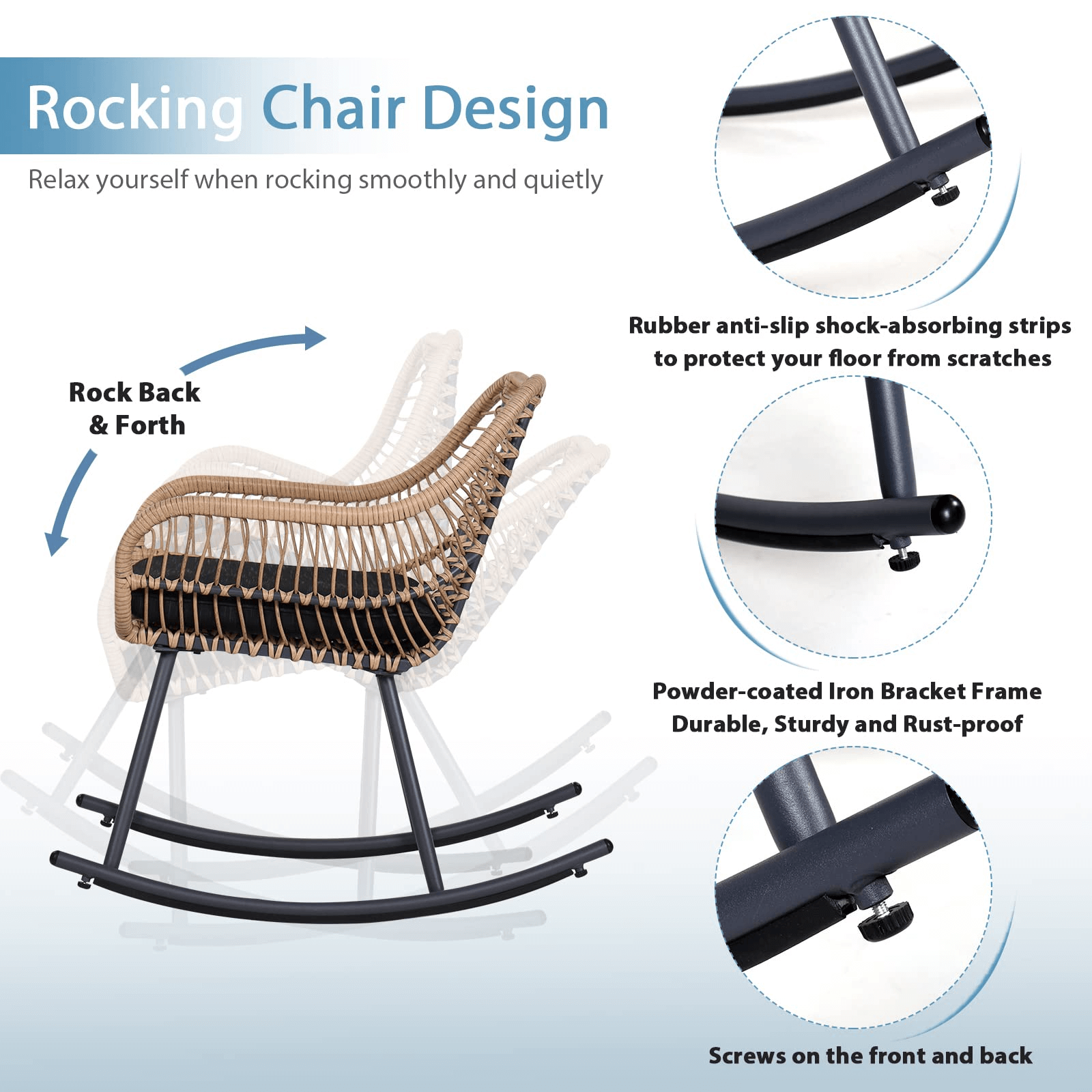 3pcs Patio Bistro Set, Wicker Rocking Chair, Natural Rattan & Black Cushion | Orange-Casual
