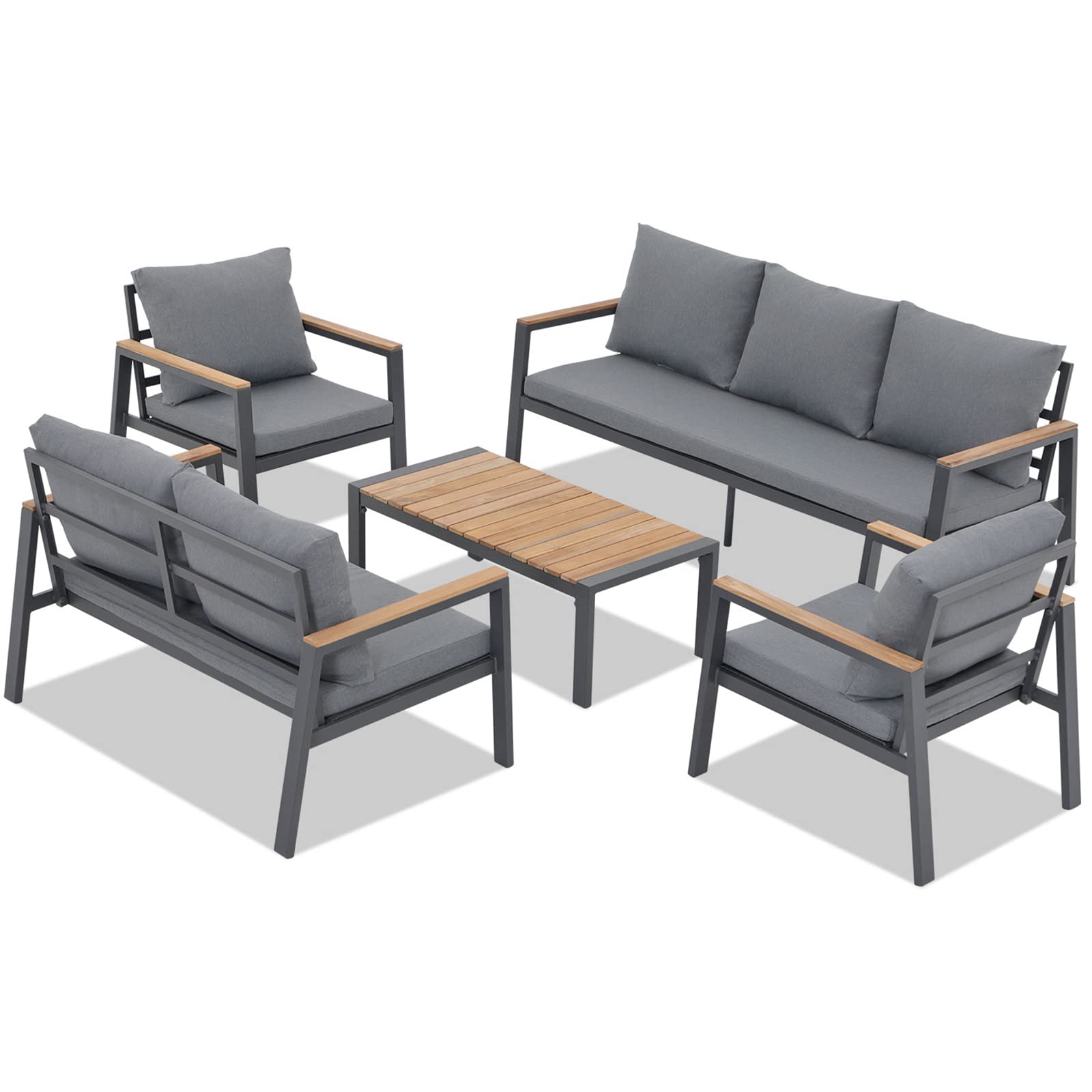 7 Seating Aluminum Patio Furniture Set with Teak Top Coffee Table