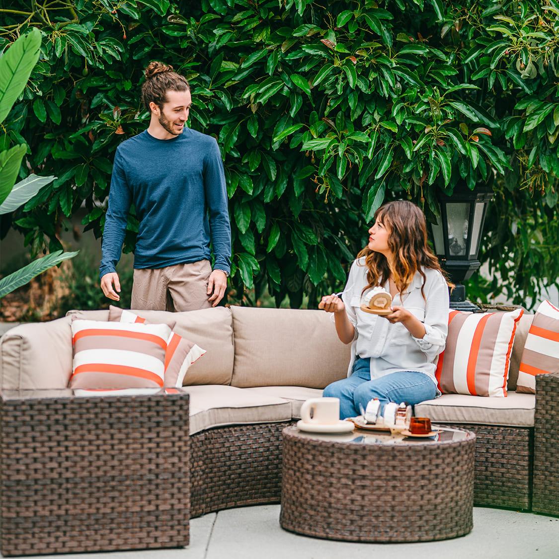 7pcs Outdoor Curved Sofas Wicker Half-Moon Sectional Set, 4 Colors | Orange-Casual