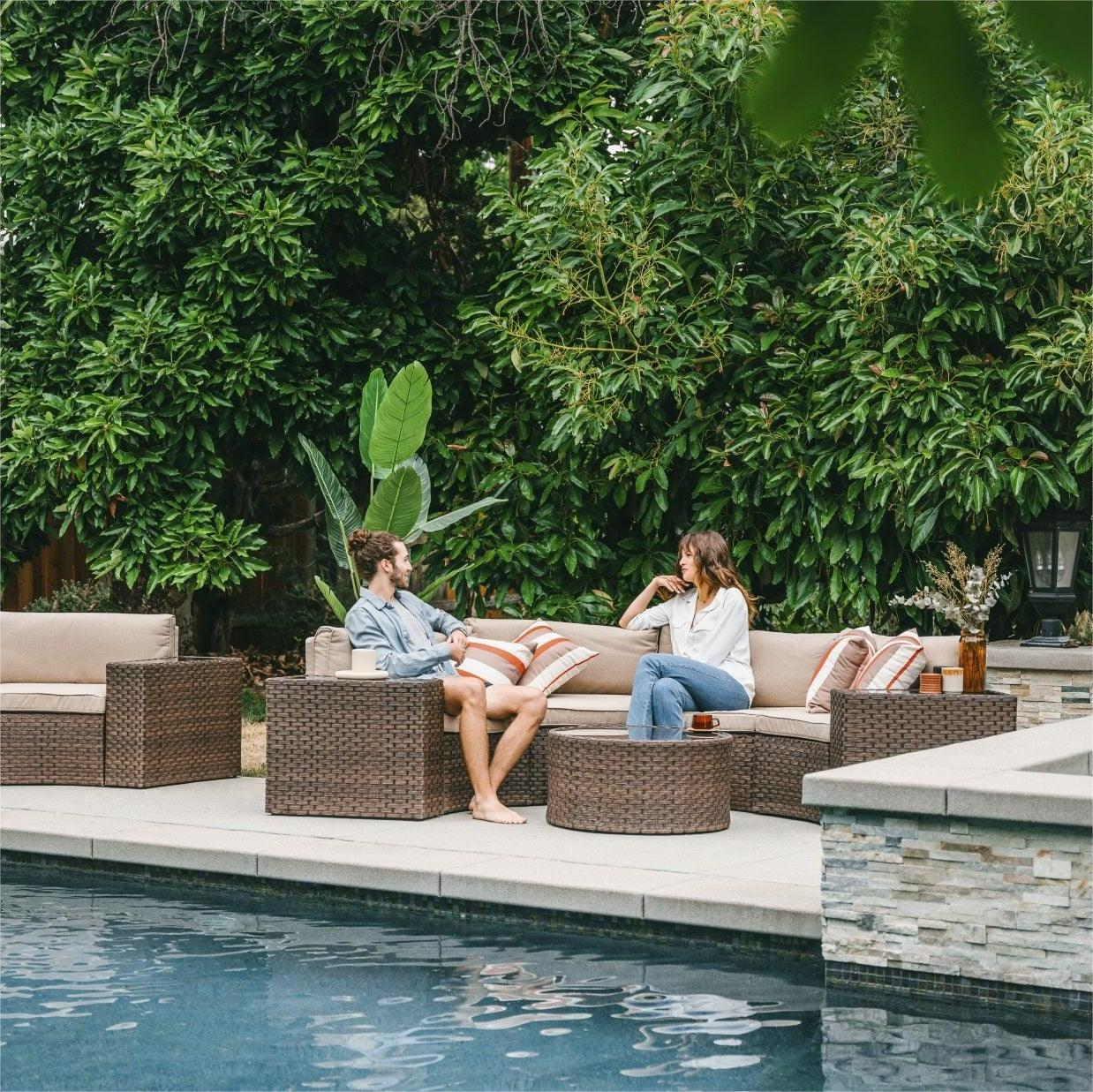 5-13 pcs Curved Outdoor Sectionals, Outdoor Curved Sofas, Brown & Beige | Orange-Casual