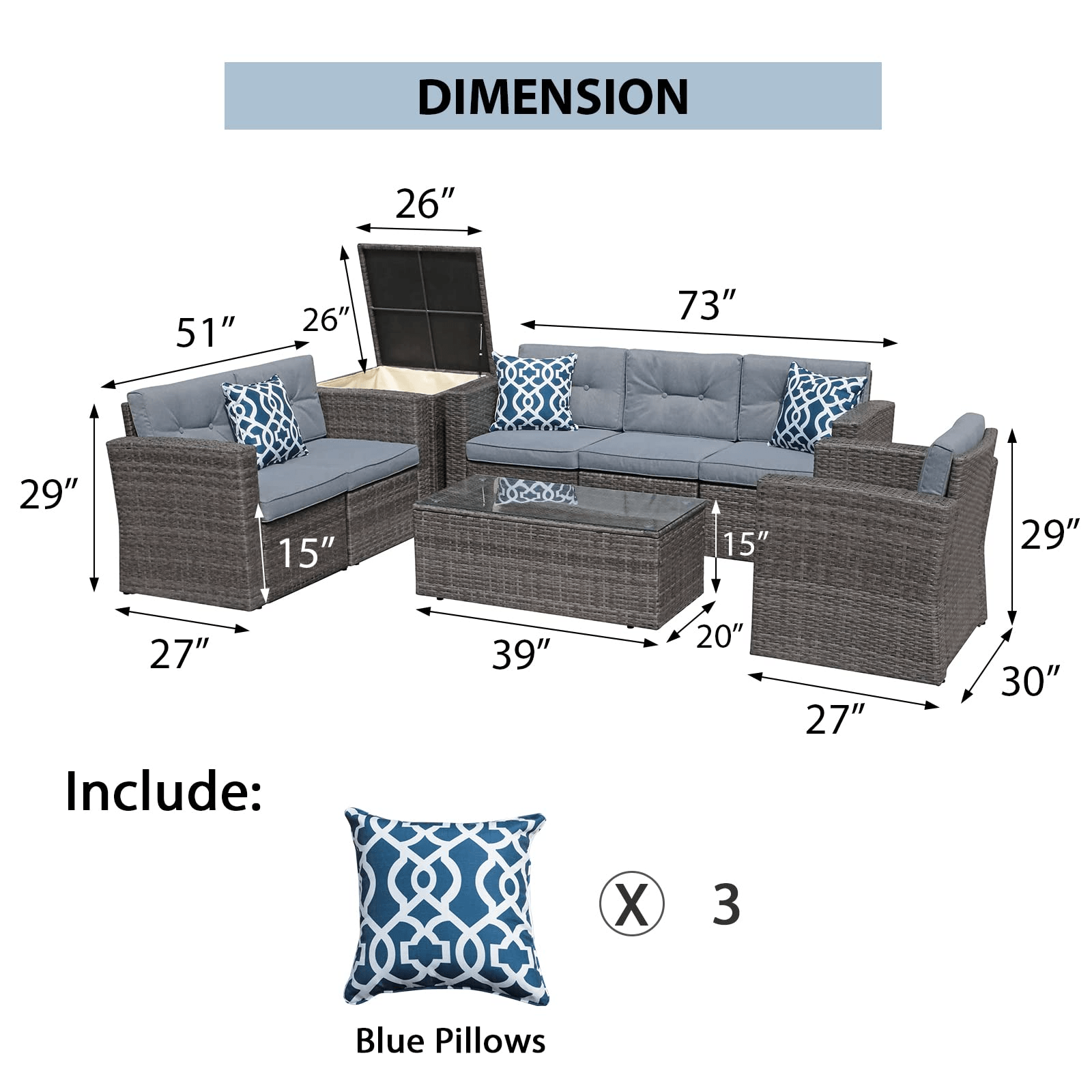 8pcs Outdoor Sectional Sofa Set Wicker Patio Furniture Sectionals Grey/Brown | Orange-Casual