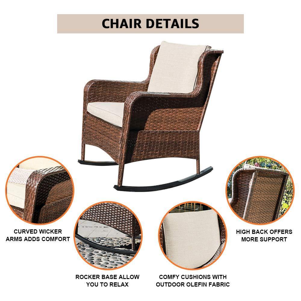 Wicker Patio Rocking Chair Brown Porch Rocking Chair with Beige Cushion | Orange-Casual