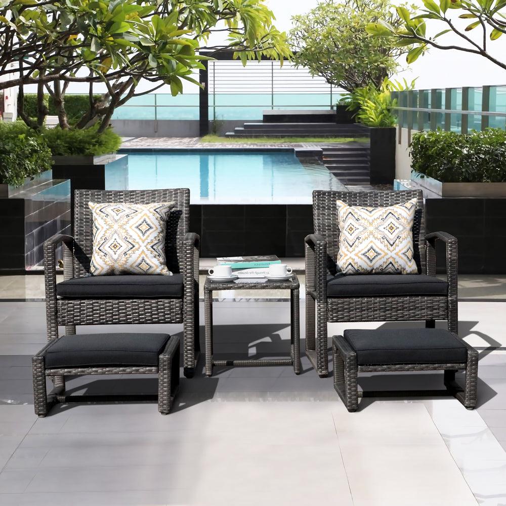 5pcs Patio Bistro Set Wicker Outdoor Furniture Set Armchair & Ottomans | Orange-Casual