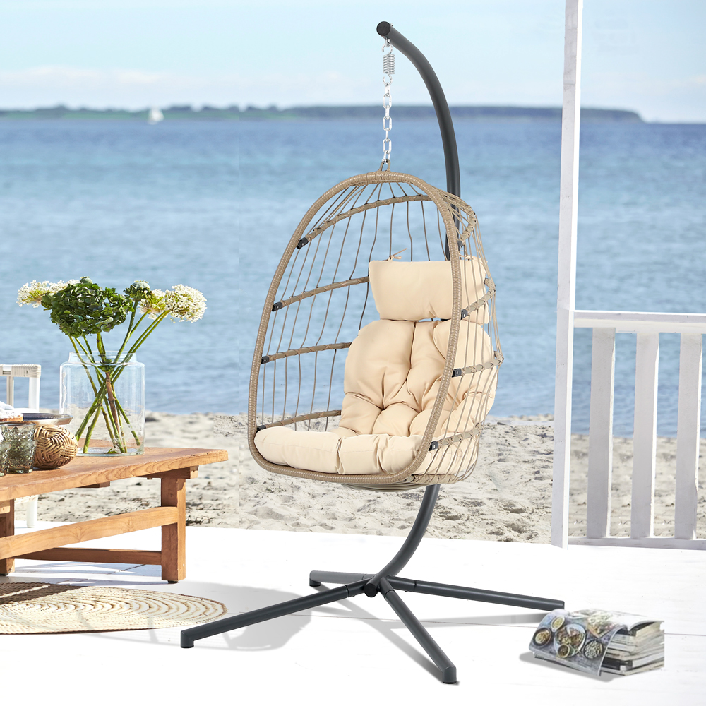 Steel Hanging Egg Chair with Stand Beige Outdoor Patio Swing Chair | Orange-Casual