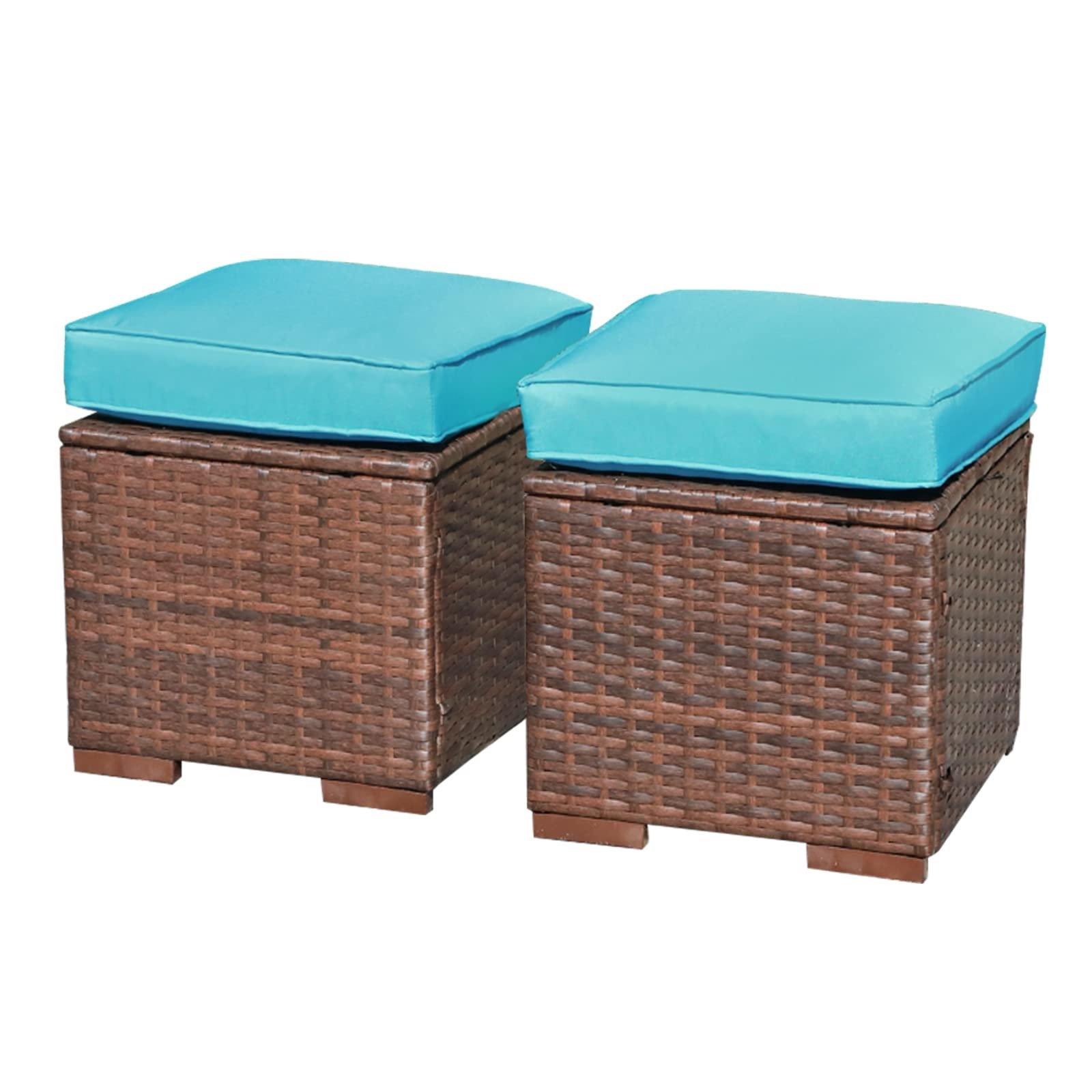 2pcs Outdoor Patio Ottoman Wicker Patio Stools with Turquoise Cushions | Orange-Casual