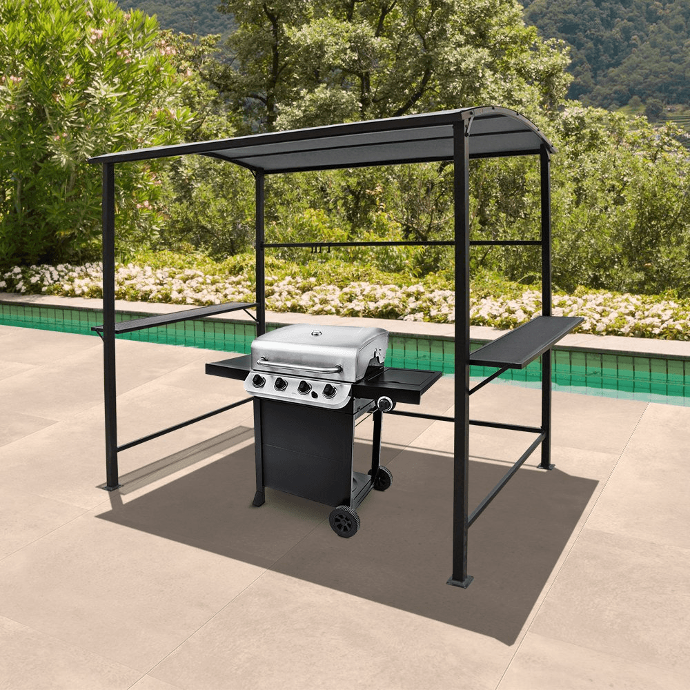 Grill Gazebo with Single-Tier Soft Top and Metal Shelves, 8' by 4.6', Grey | Orange-Casual
