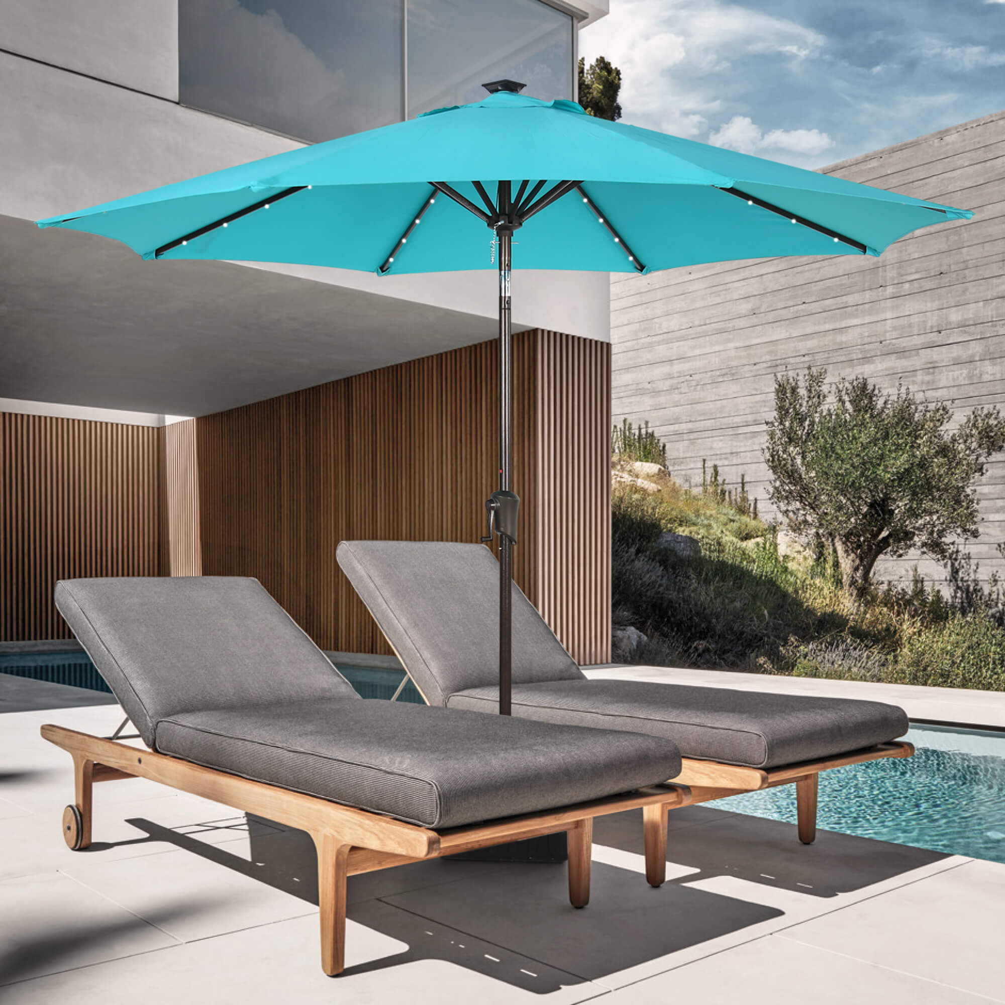 9ft Patio Umbrella with LED Lights Polyester Umbrella with Tilt and Crank, 5 Colors | Orange-Casual