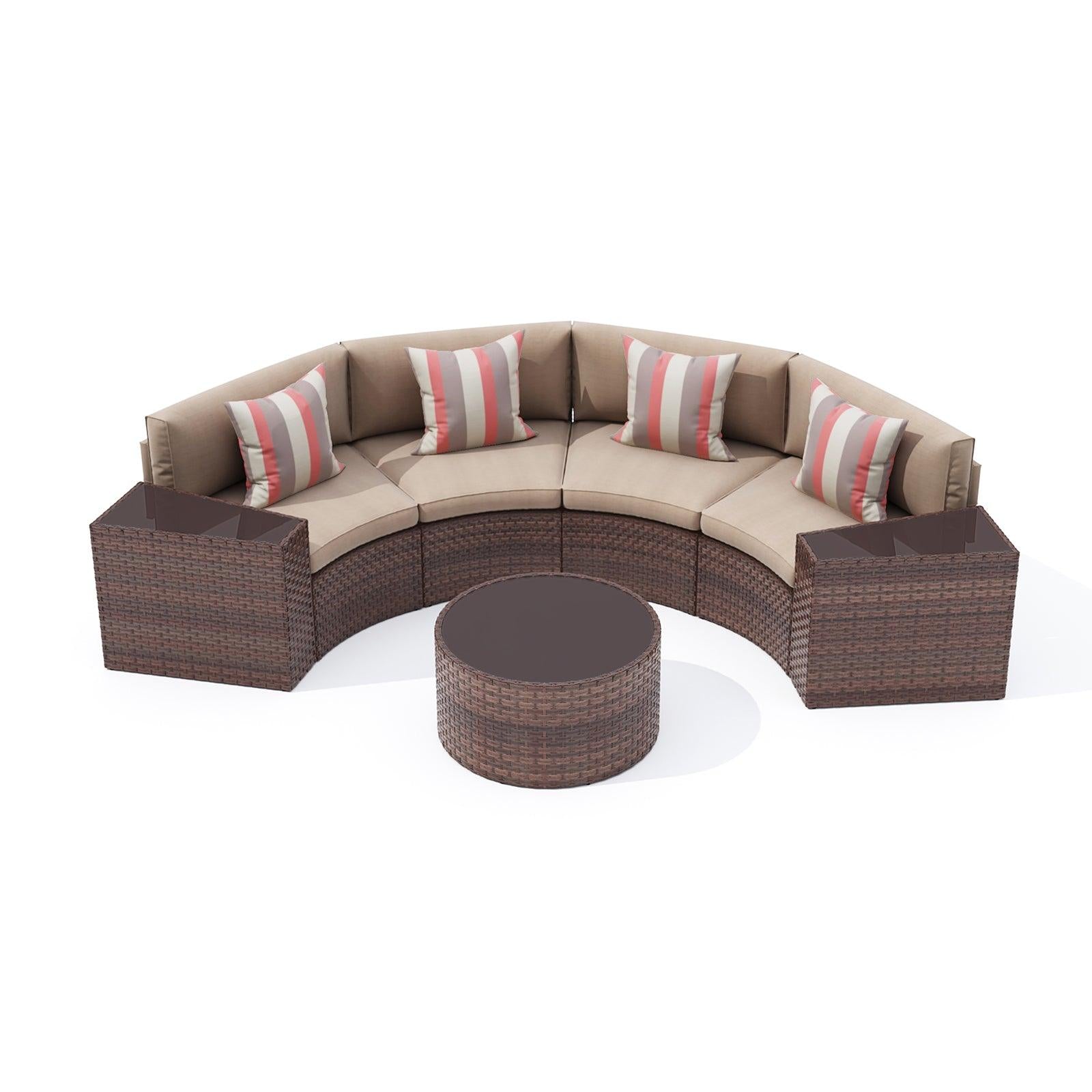 7pcs Outdoor Half-Moon Sectional Set Wicker Outdoor Curved Sofas, Brown | Orange-Casual