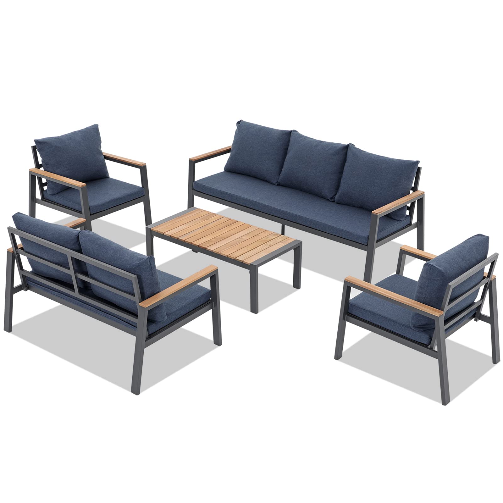 7 Seating Aluminum Patio Furniture Set with Teak Top Coffee Table