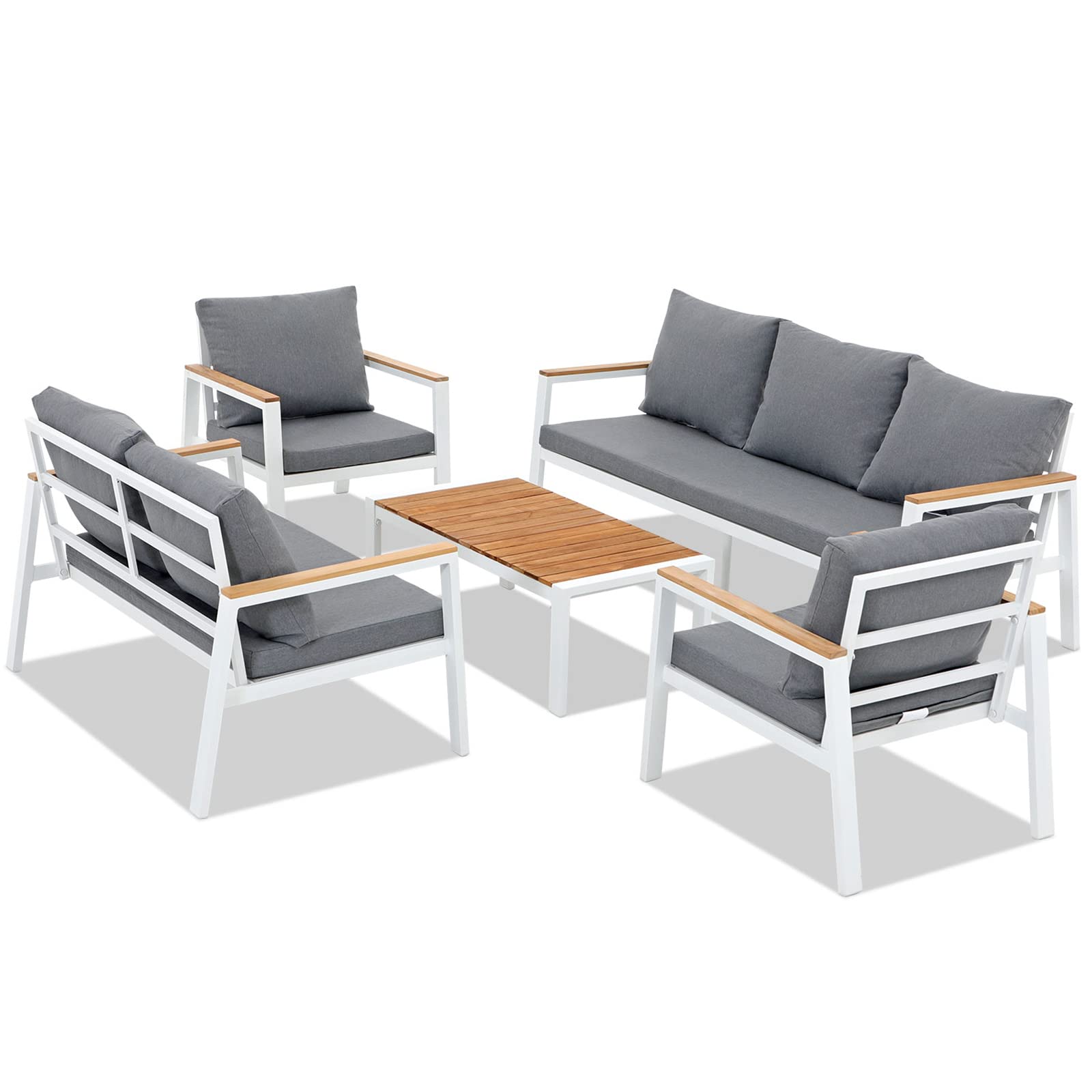7 Seating Aluminum Patio Furniture Set with Teak Top Coffee Table