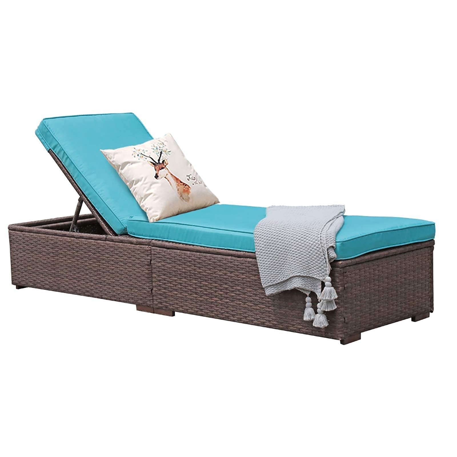1pc Patio Lounge Chairs Wicker Outdoor Loungers with Turquoise Cushions, Rectangle Shape | Orange-Casual