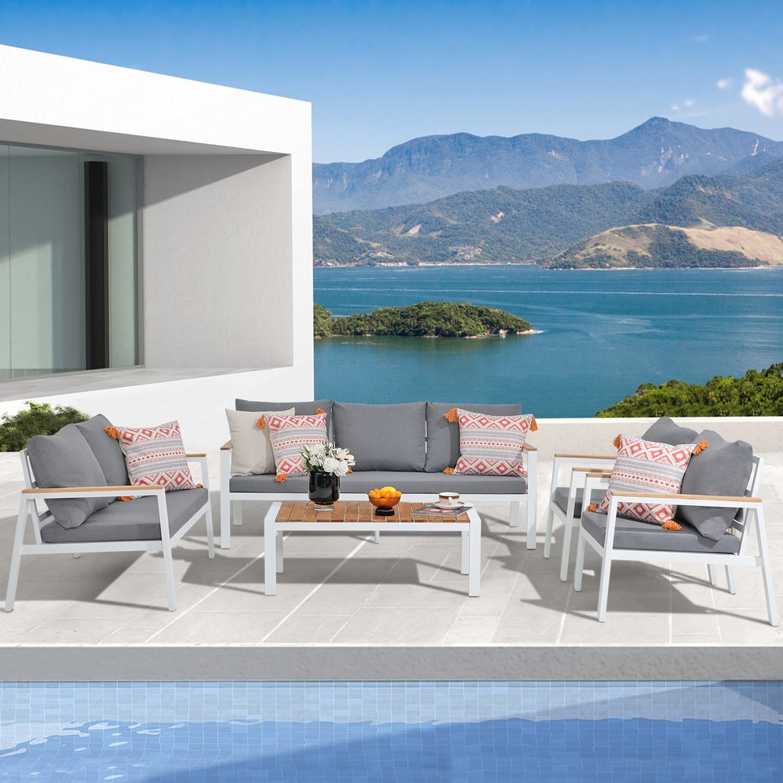 7 Seating Aluminum Patio Furniture Set with Teak Top Coffee Table