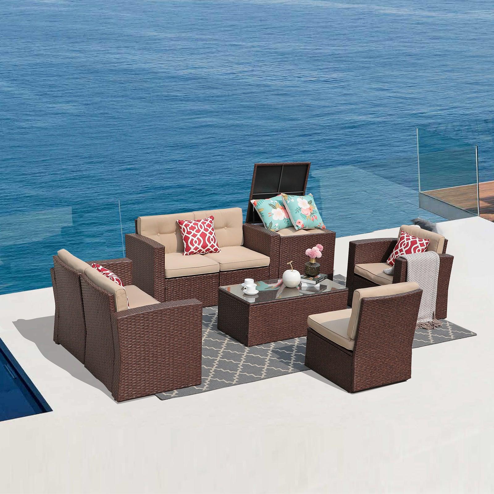 Outdoor Sectional Set Brown Wicker Patio Sectional Set with Beige Cushions | Orange-Casual