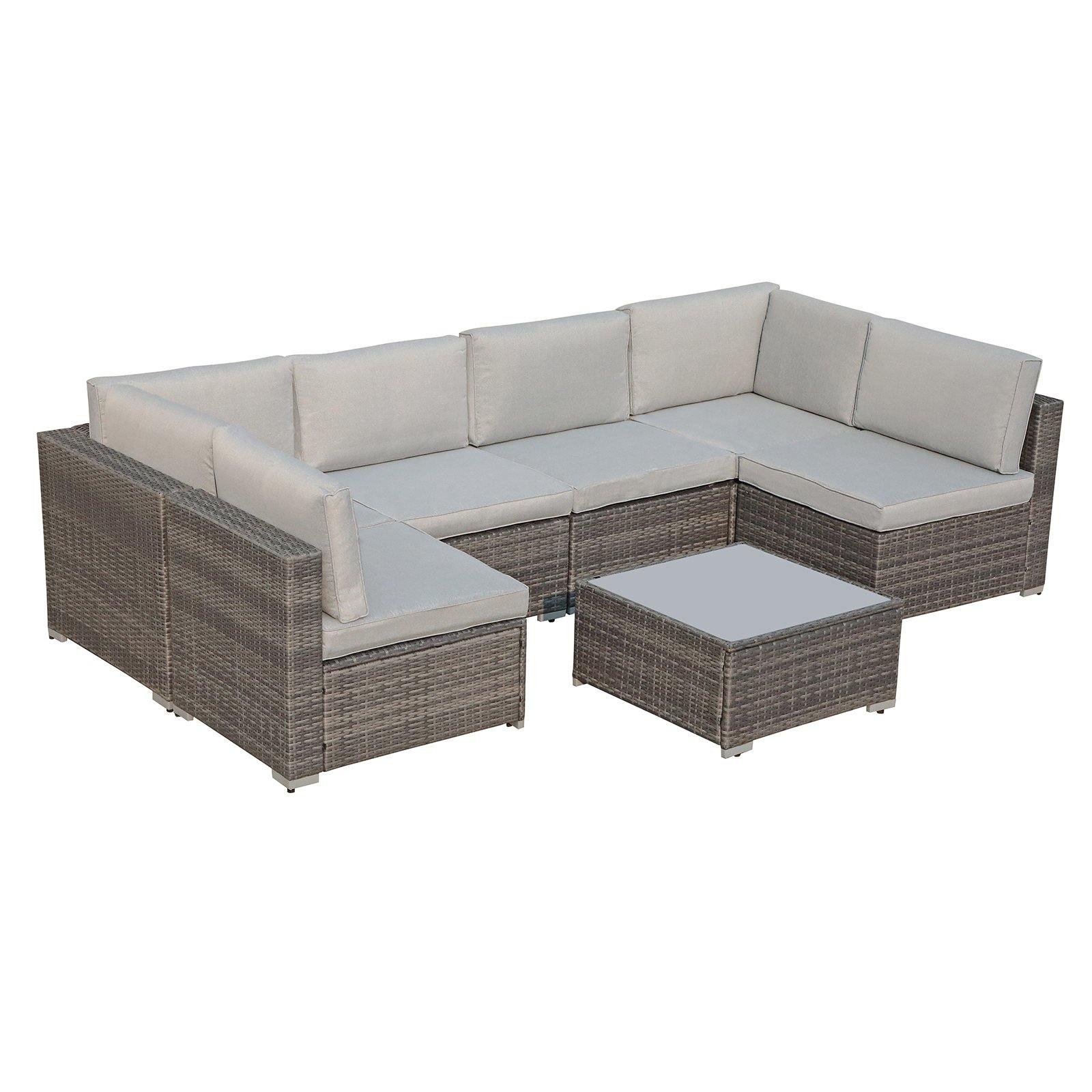 7pcs Outdoor Sectional Set with Grey Cushions Wicker Patio Furniture Set  | Orange-Casual