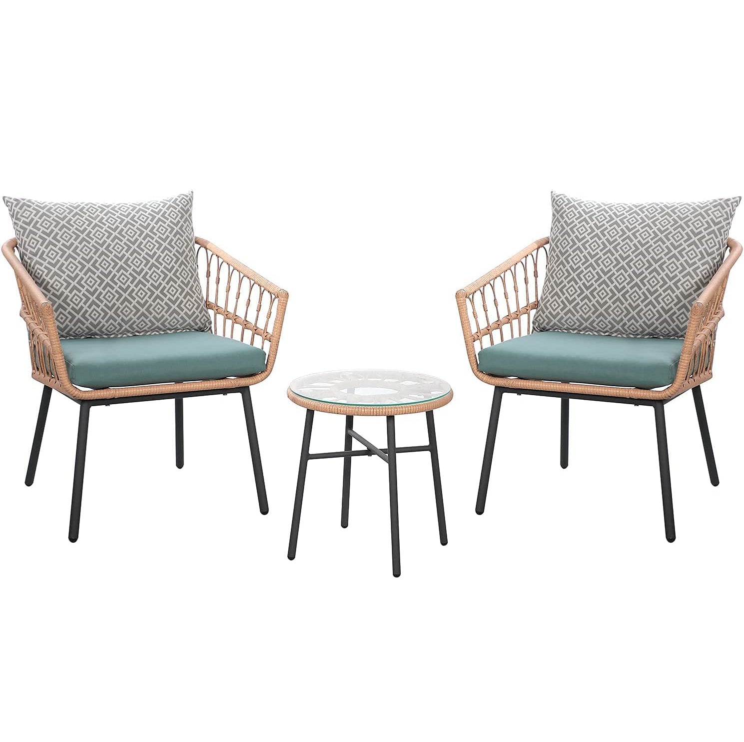 3pcs Patio Bistro Set Rattan Armchairs with Round Glass Coffee Table, Cream & Aqua | Orange-Casual