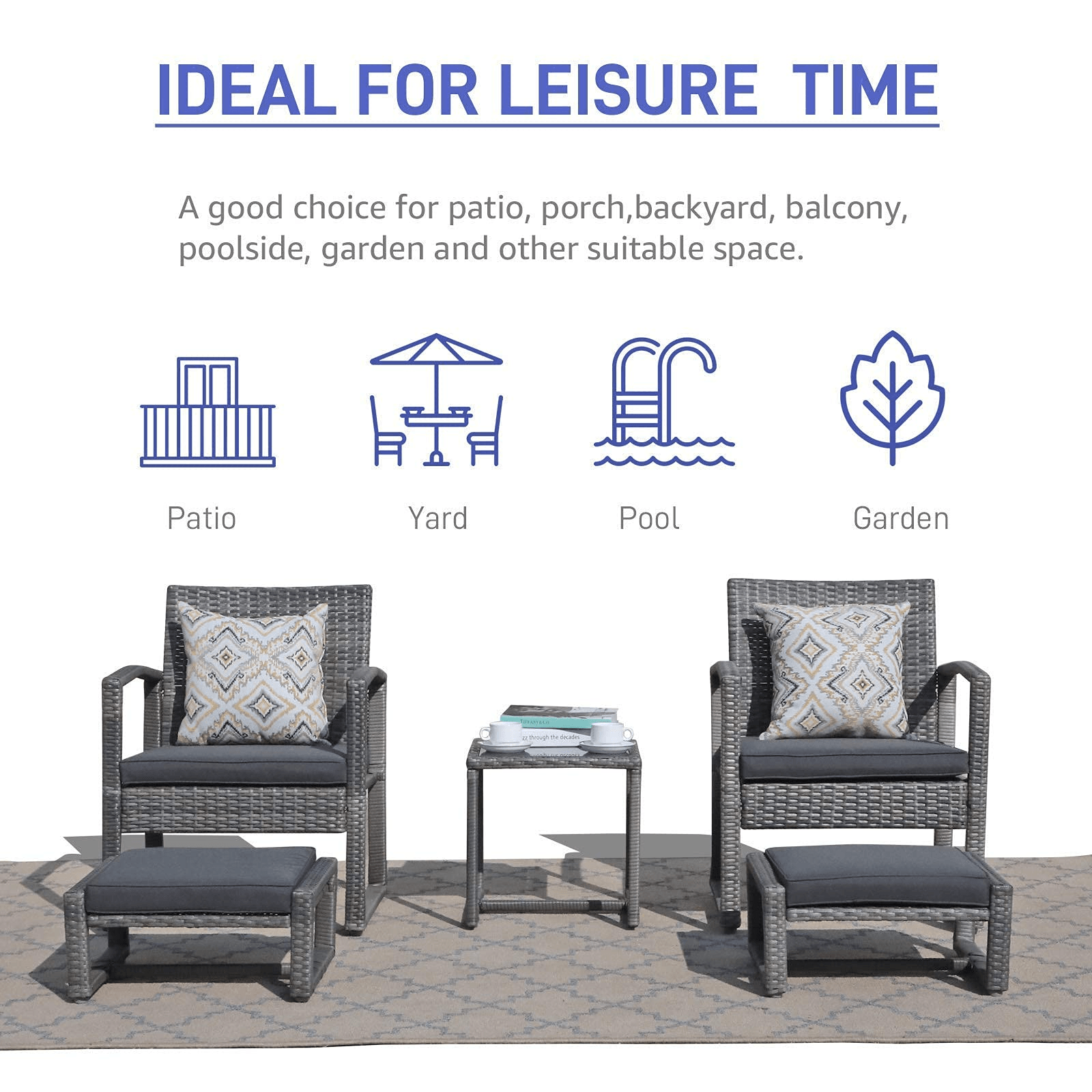 5pcs Patio Bistro Set Wicker Outdoor Furniture Set Armchair & Ottomans | Orange-Casual