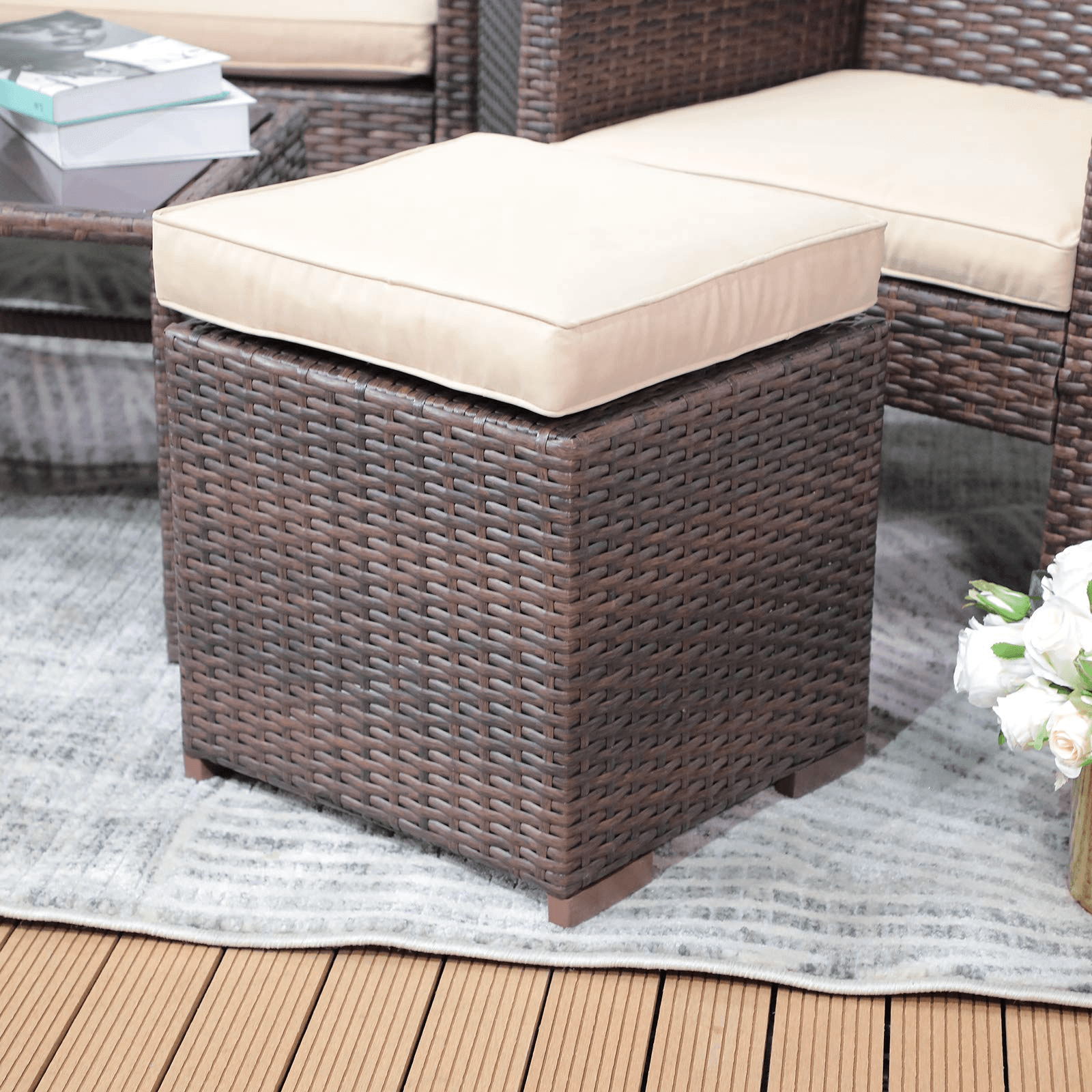 2pcs Outdoor Patio Ottoman Beige Patio Stools with Cushions  | Orange-Casual