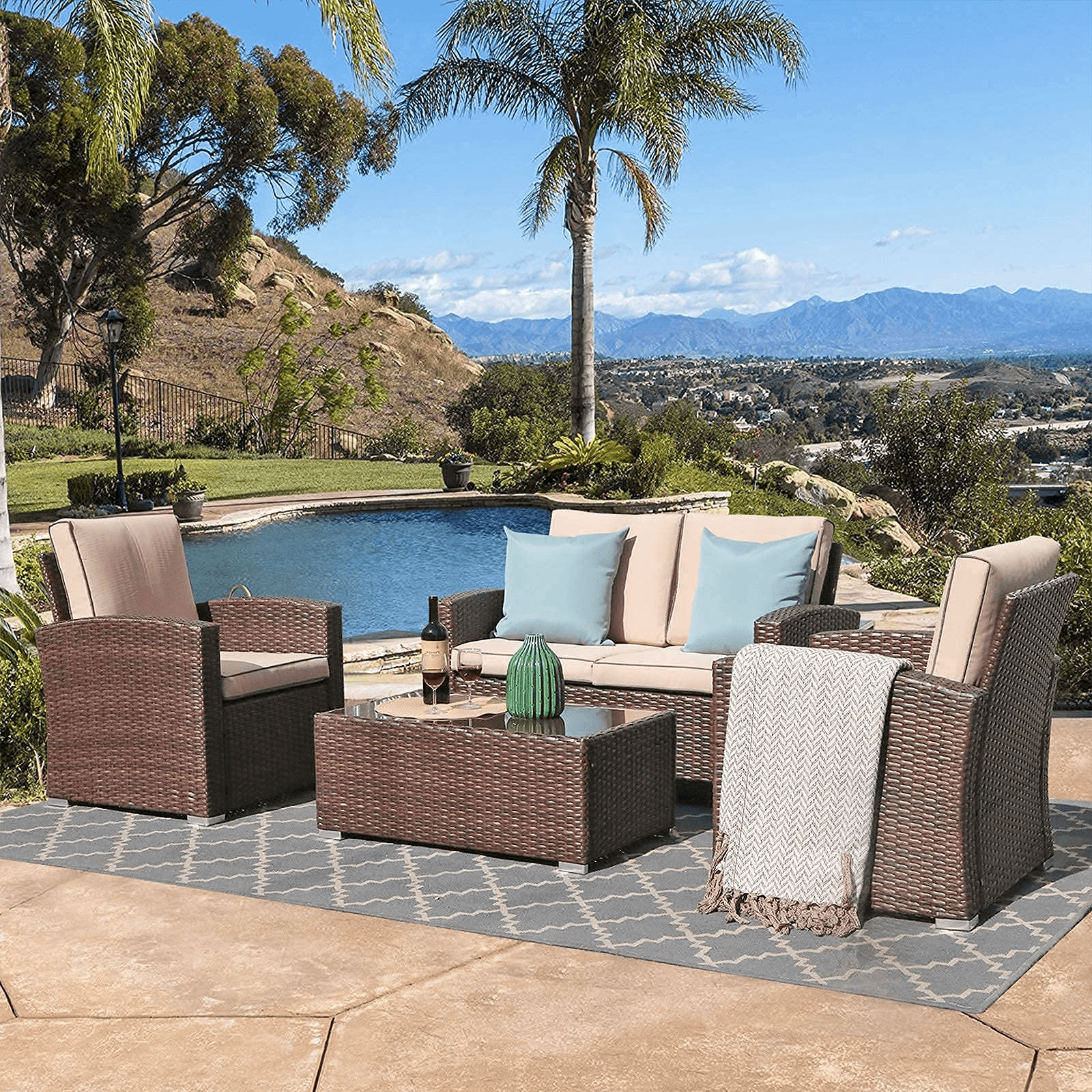 4pcs Wicker Outdoor Patio Furniture Set Small Sectional Conversation Set | Orange-Casual