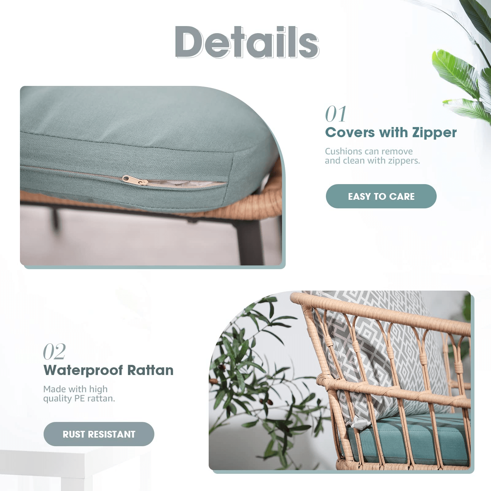 3pcs Patio Bistro Set Rattan Armchairs with Round Glass Coffee Table, Cream & Aqua | Orange-Casual