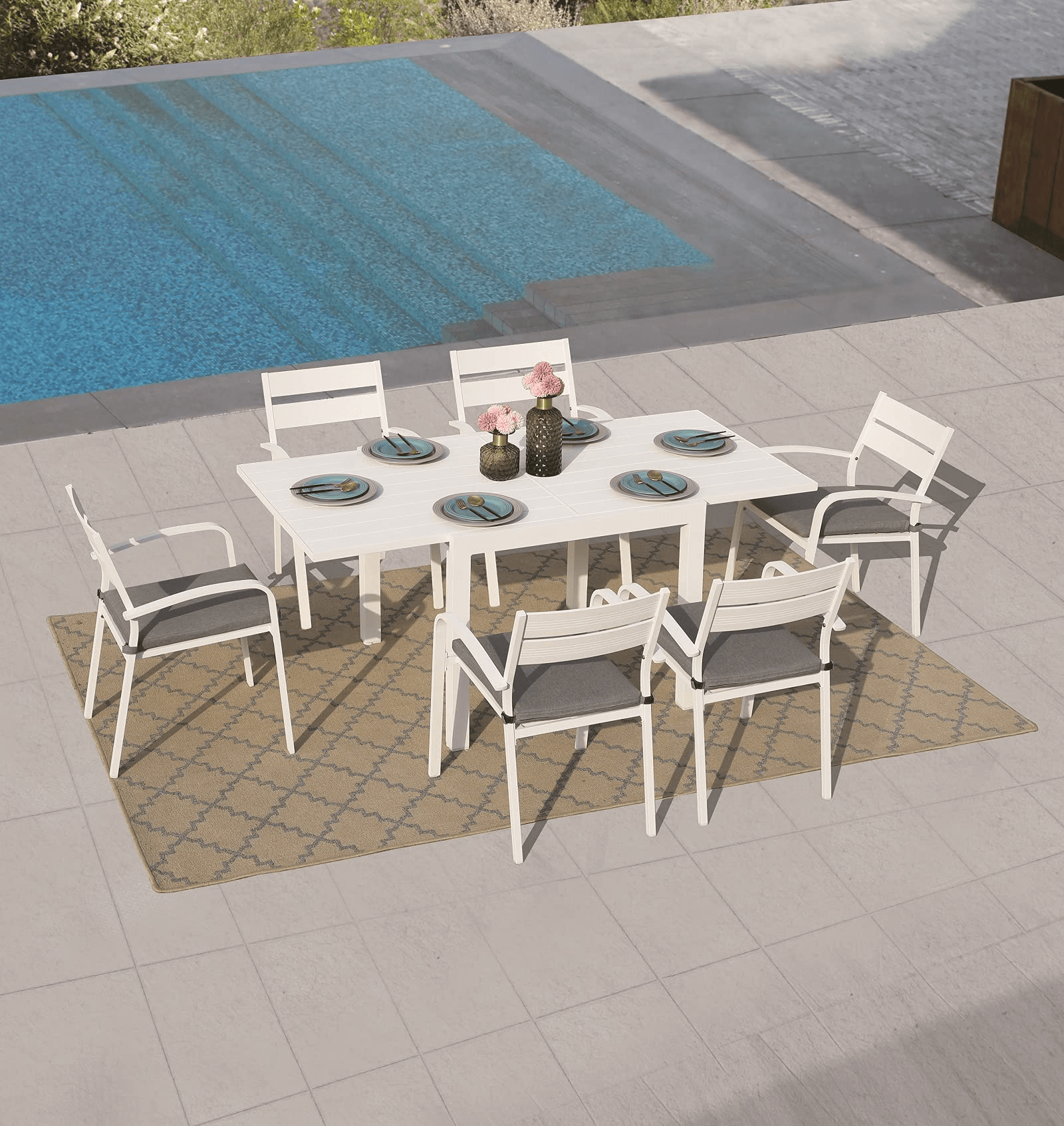7pcs Patio Dining Set, Aluminum Outdoor Chairs and Table, White & Dark Grey | Orange-Casual