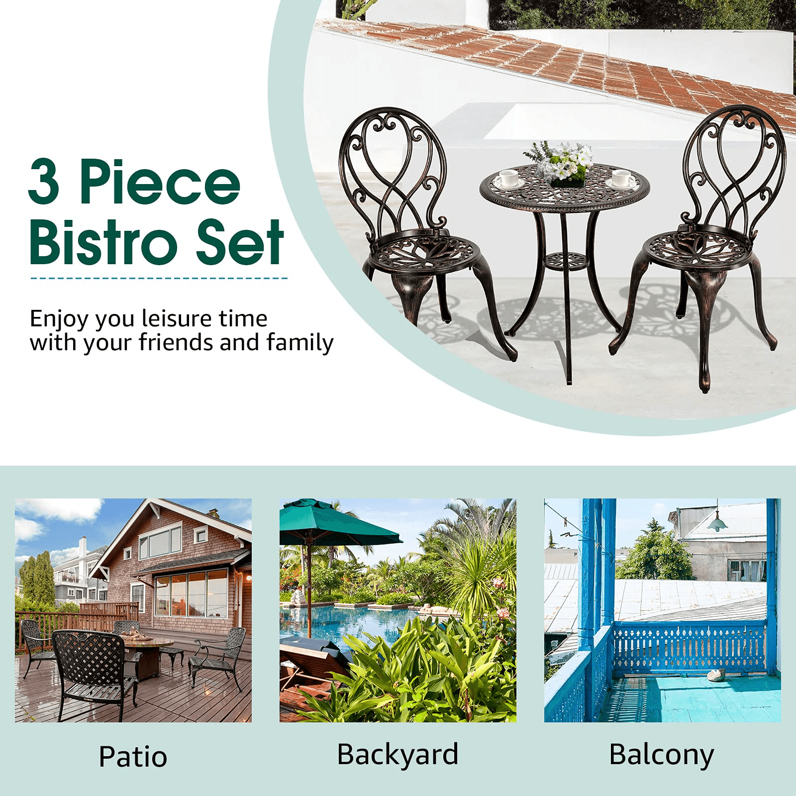 3pcs Patio Bistro Set Cast Aluminum Conversation Set Bronze Chairs & Table | Orange-Casual