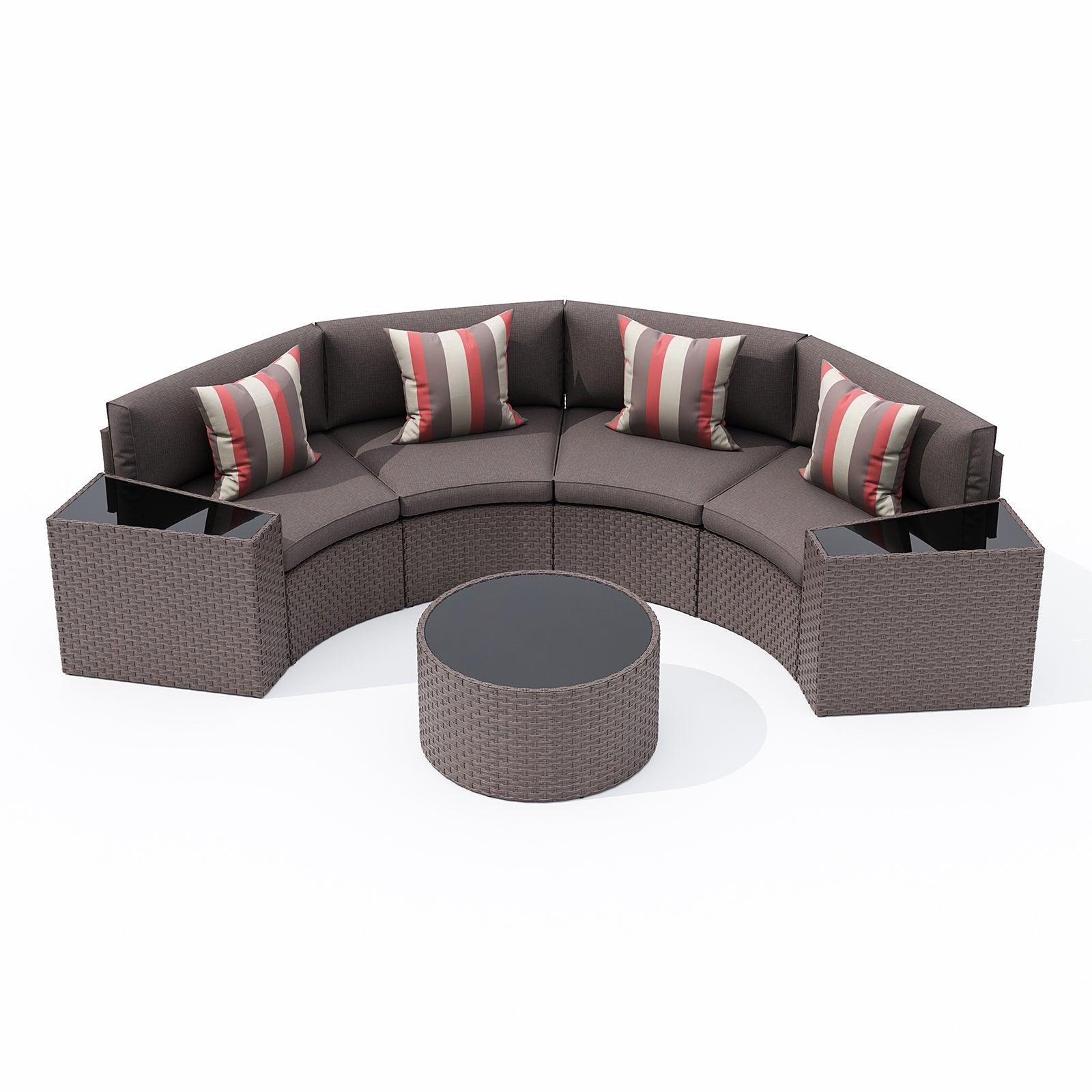 7pcs Outdoor Curved Sofas Wicker Outdoor Half Moon Sectional Set, Taupe | Orange-Casual