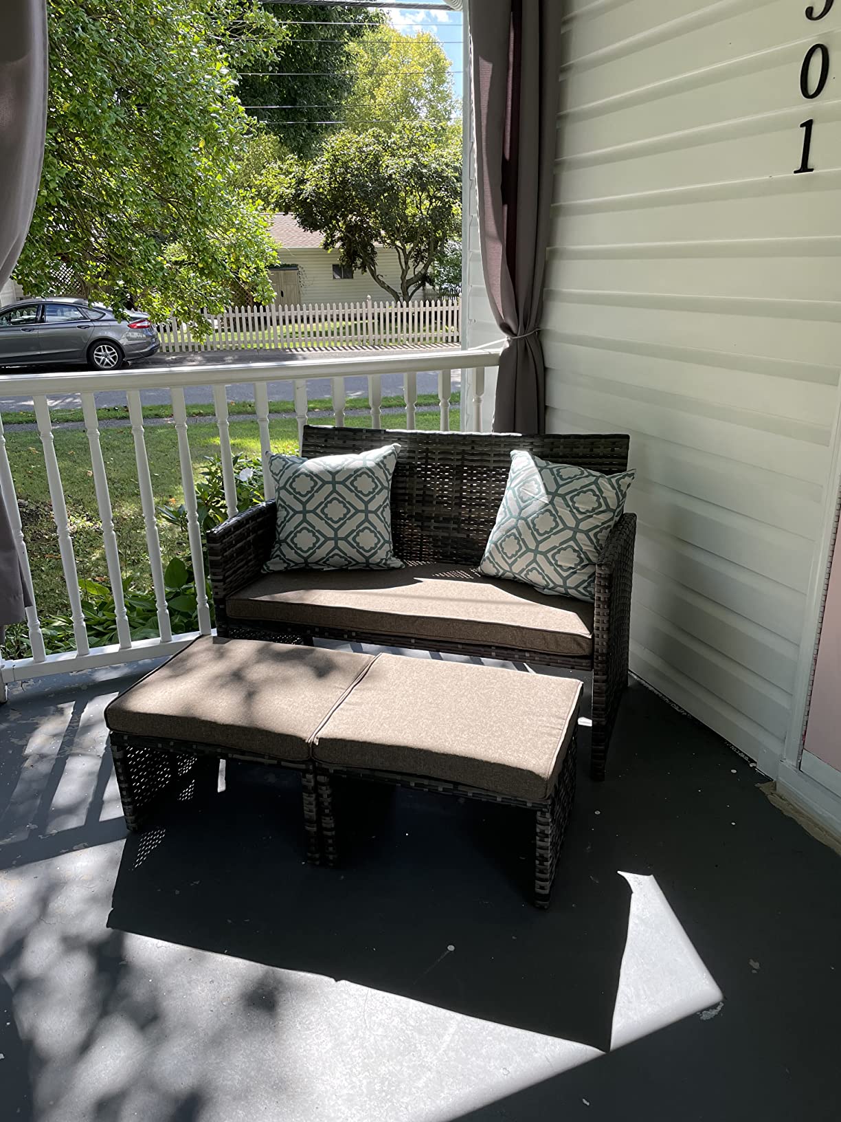 Small Wicker Outdoor Loveseat Set with 2 Ottomans