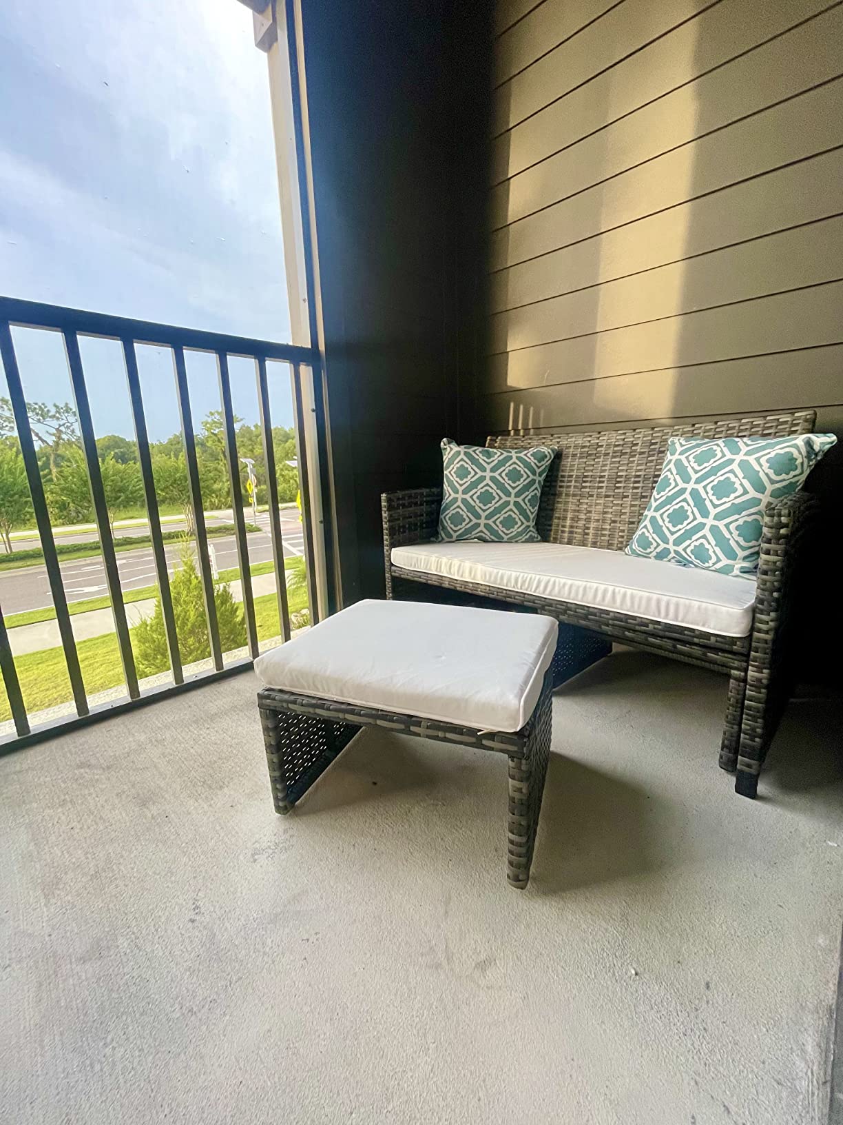 Small Wicker Outdoor Loveseat Set with 2 Ottomans