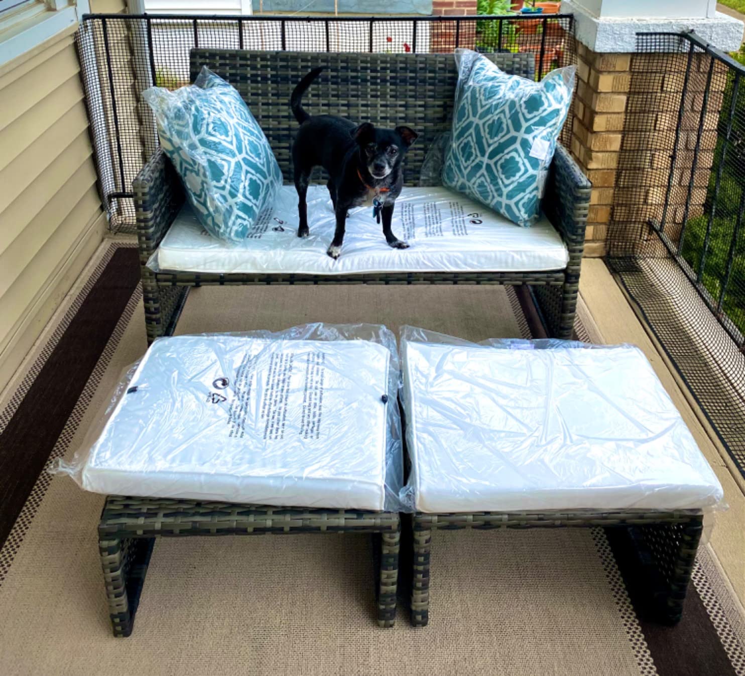 Small Wicker Outdoor Loveseat Set with 2 Ottomans