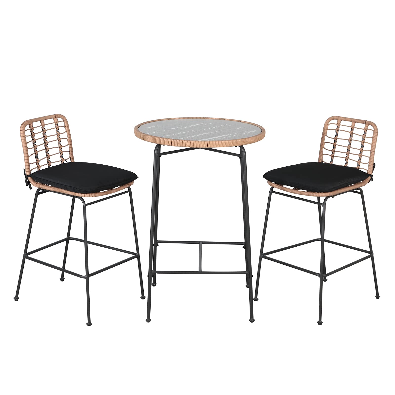 3pcs Patio Bistro Set, 2 Height Wicker Bar Stools with Round Glass Table, Beige Frame & Black Cushion | Orange-Casual