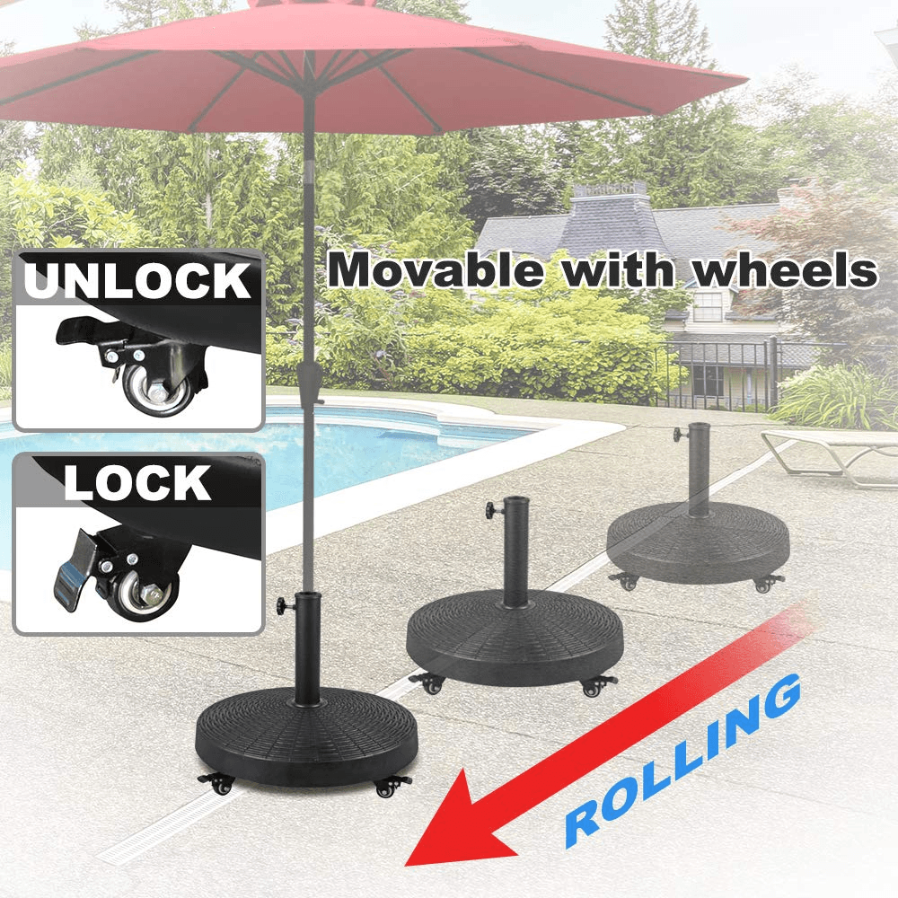 Patio Umbrella Base with Wheels,  Resin Heavy-Duty Stand Weights for Outdoor Market Umbrella, 52lbs, Black | Orange-Casual