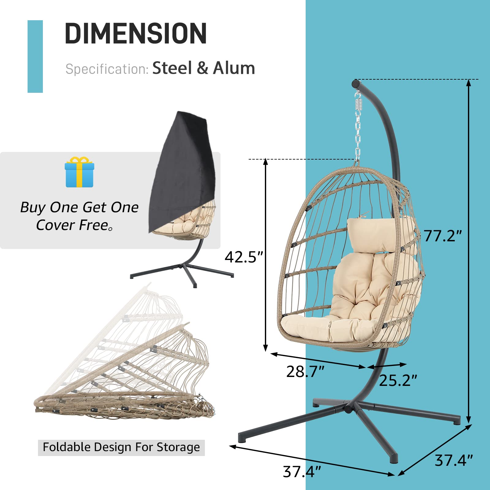 Steel Hanging Egg Chair with Stand Beige Outdoor Patio Swing Chair | Orange-Casual