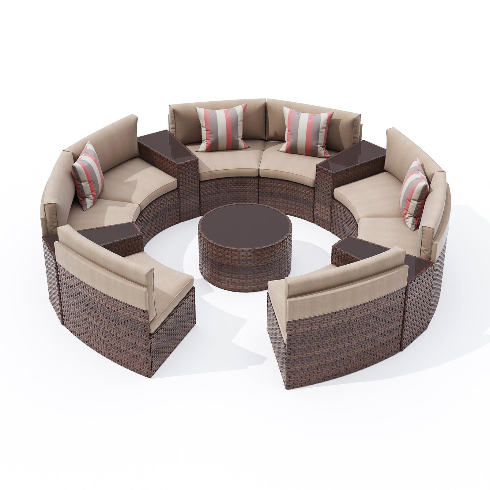 13pcs Outdoor Half-Moon Sectional Set Wicker Outdoor Curved Sofas, Brown | Orange-Casual