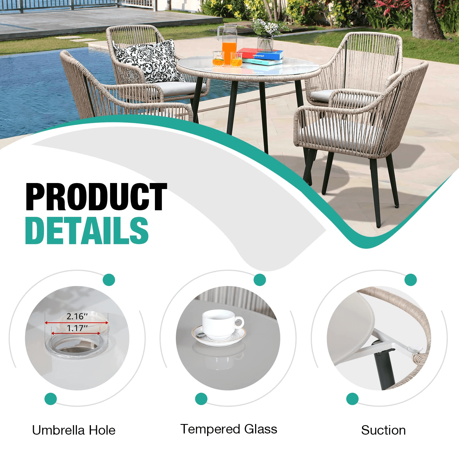 Outdoor Patio Round Dining Table with Tempered Glass Top, Beige | Orange-Casual