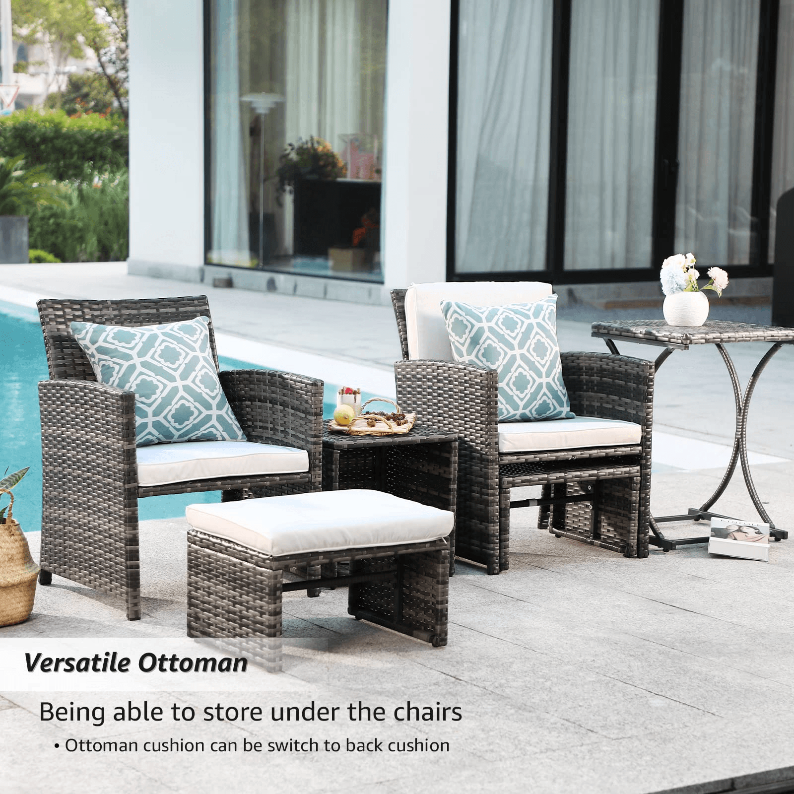 6pcs Patio Bistro Set Wicker Patio Conversation Set with Side Table | Orange-Casual