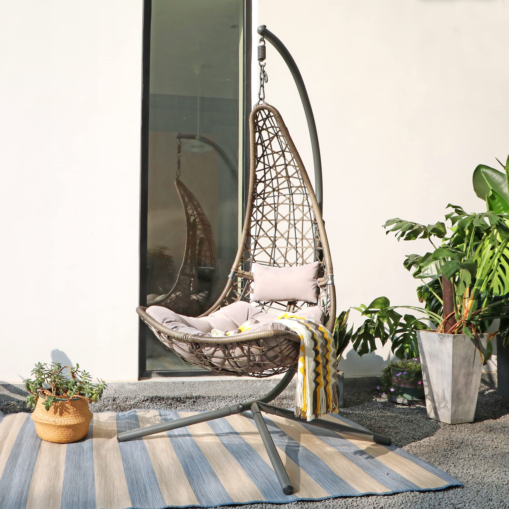 Hanging Chair with Stand Steel Outdoor Hanging Chair, Gray, Moon Shape | Orange-Casual