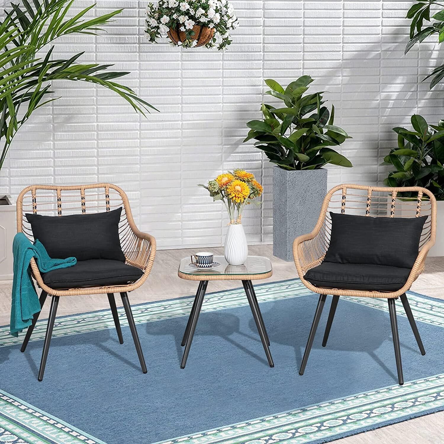 3pcs Patio Bistro Set PE Rattan Outdoor Conversation Set with Cushions | Orange-Casual