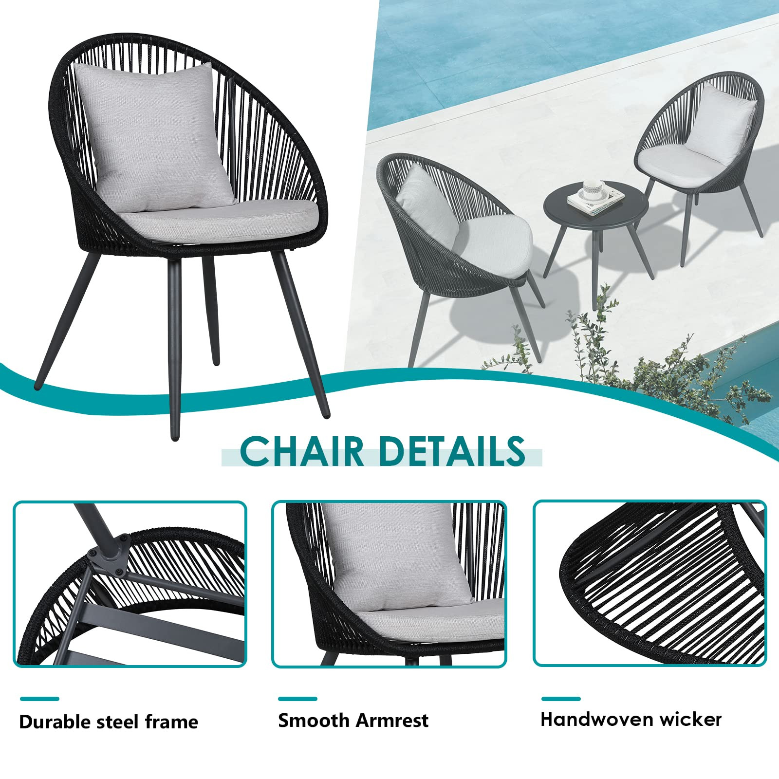 3pcs Patio Bistro Set Woven Rope Balcony Furniture Set, Grey & Black | Orange-Casual