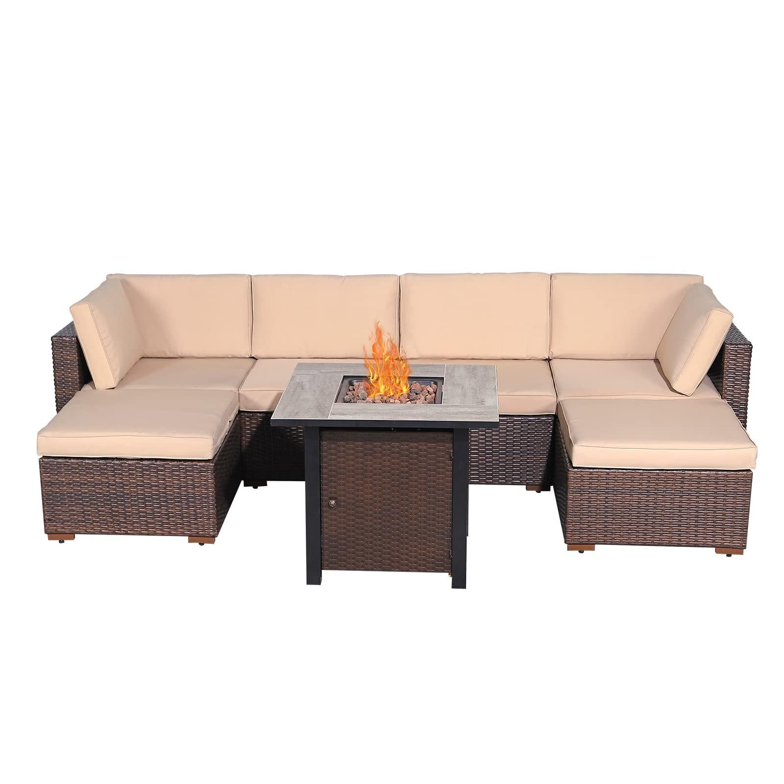 7-pc. Patio Furniture Set with Gas Fire Pit Table, and Ottomans, Wicker Design price