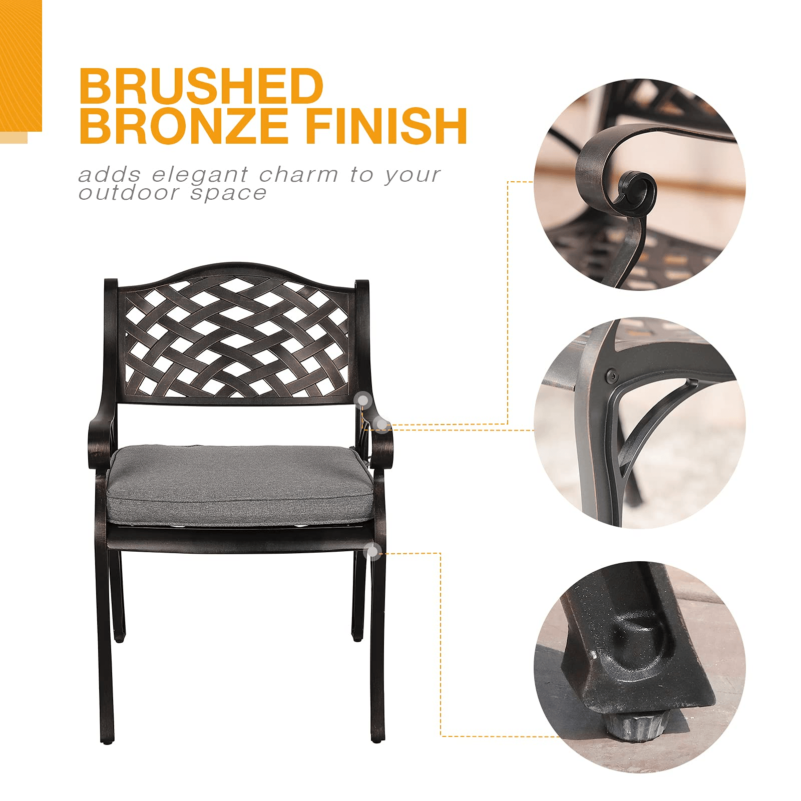 3pcs Cast Aluminum Patio Bistro Set, Antique Bronze Frame & Gray Cushions | Orange-Casual