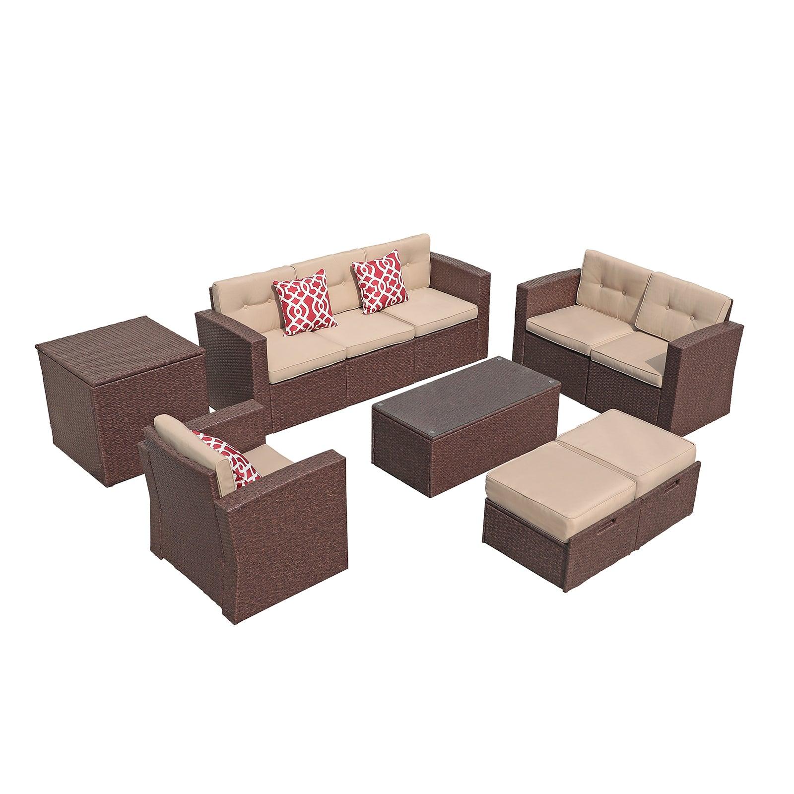 10pcs Outdoor Patio Sectional Set Wicker Modular Sectional Sofa with Two Ottomans | Orange-Casual