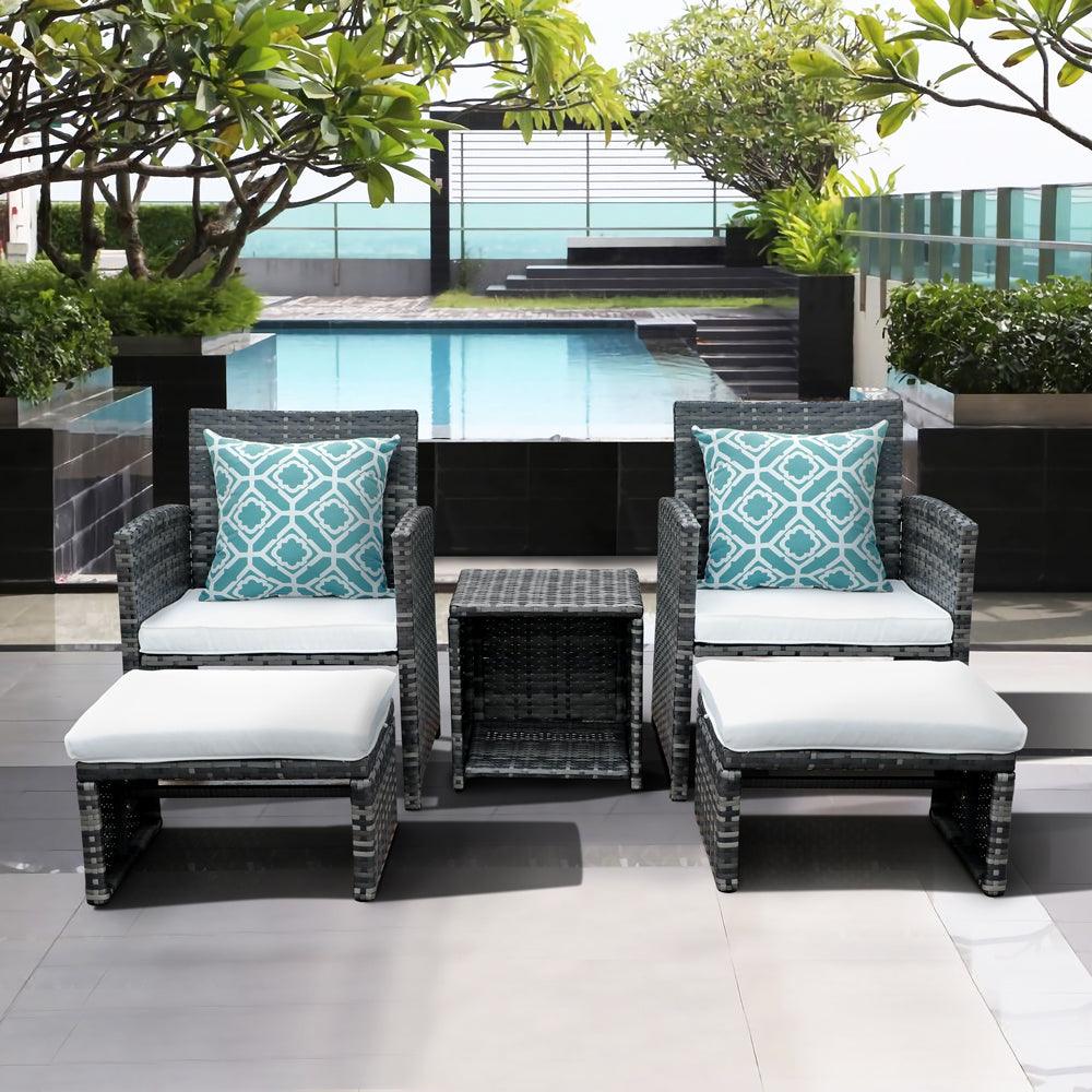 5pcs Wicker Patio Conversation Set with Ottomans & Storage Side Table | Orange-Casual
