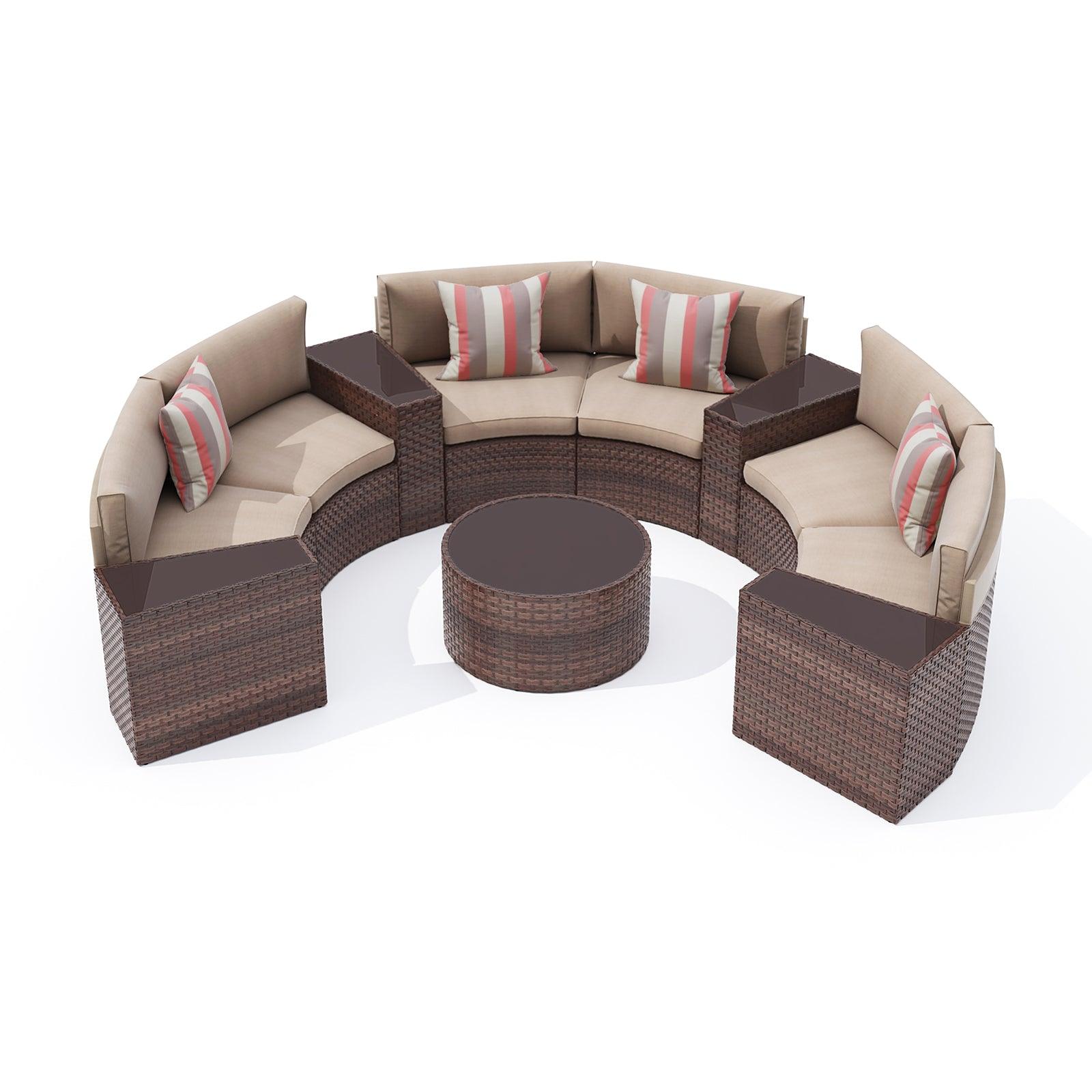11pcs Outdoor Half-Moon Sectional Set Wicker Outdoor Curved Sofas, Brown | Orange-Casual