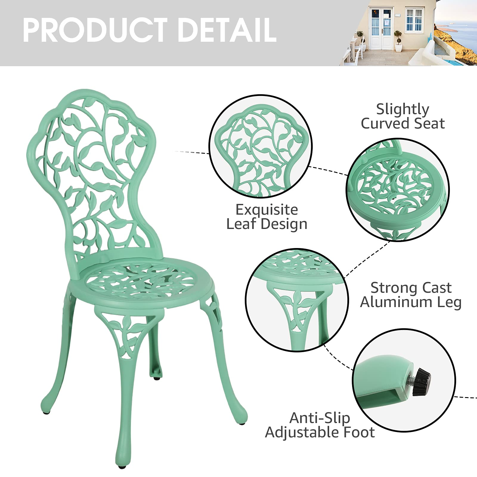 3pcs Cast Aluminum Patio Bistro Set Antique Finish Conversation Set, Teal | Orange-Casual