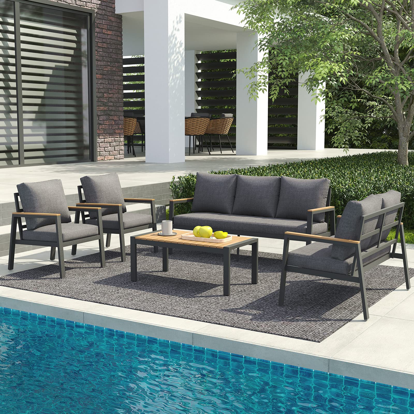 7 Seating Aluminum Patio Furniture Set with Teak Top Coffee Table