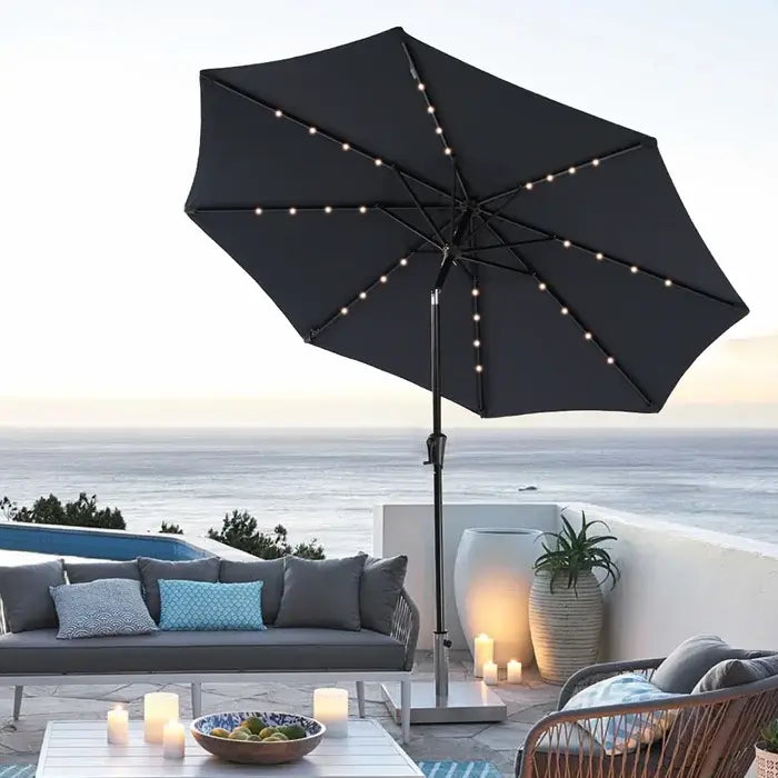 9ft Patio Umbrella with LED Lights Polyester Umbrella with Tilt and Crank, 5 Colors | Orange-Casual