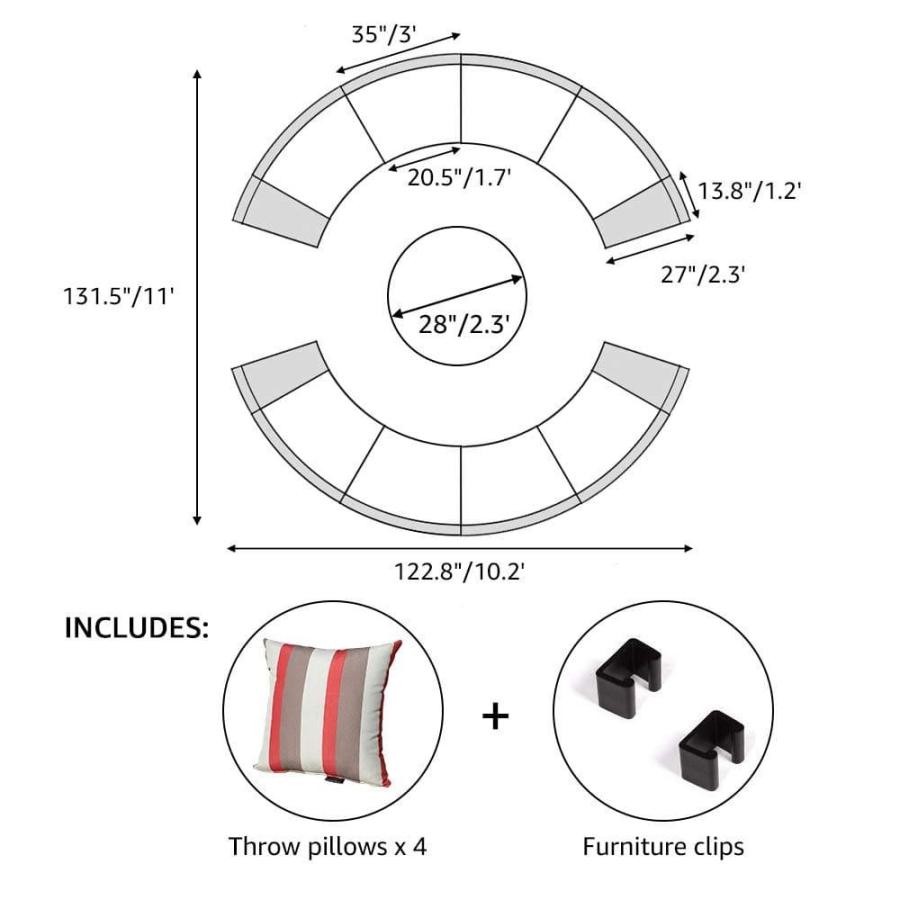 5-13 pcs Curved Outdoor Sectionals, Outdoor Curved Sofas, Brown & Beig