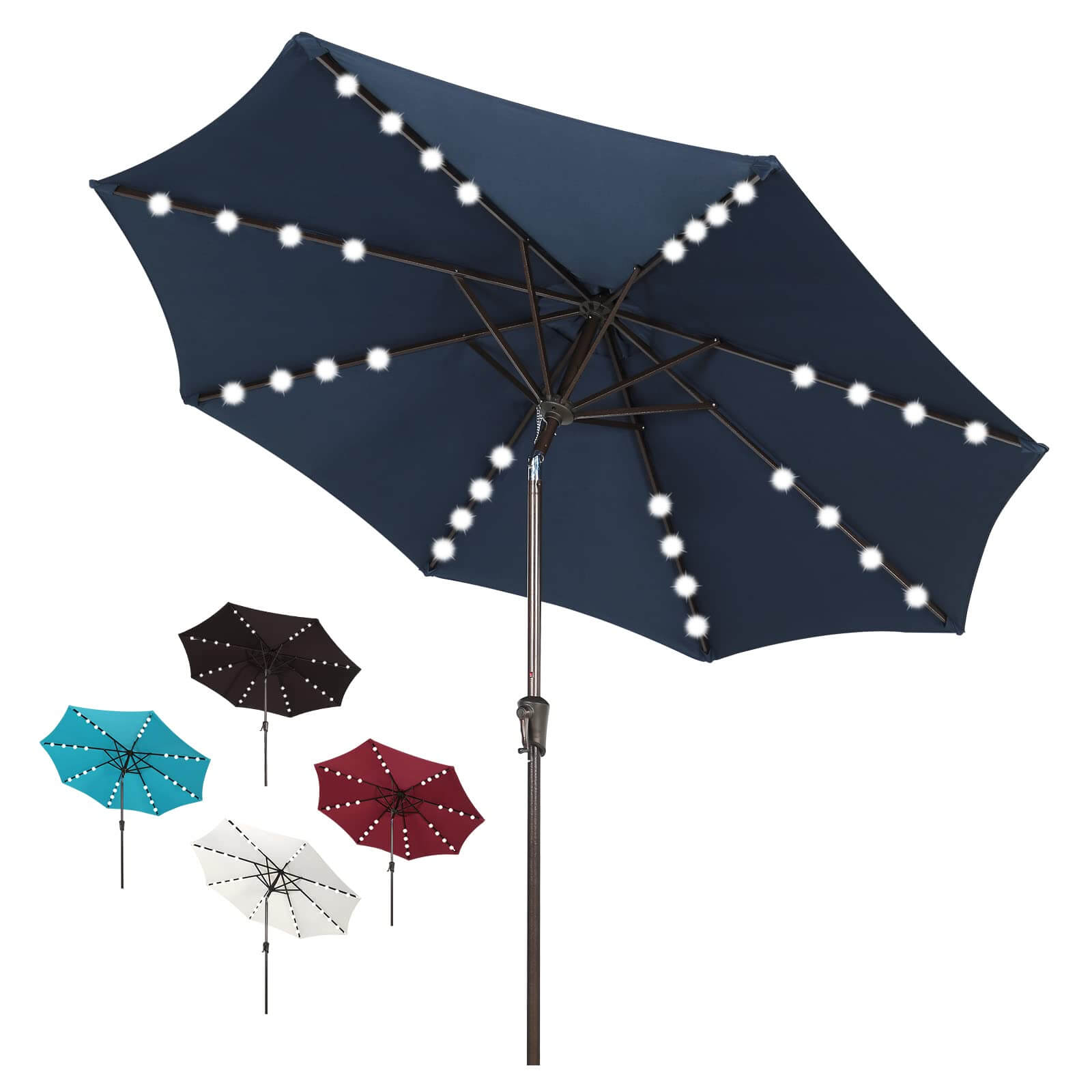 9ft Patio Umbrella with LED Lights Polyester Umbrella with Tilt and Crank, 5 Colors | Orange-Casual