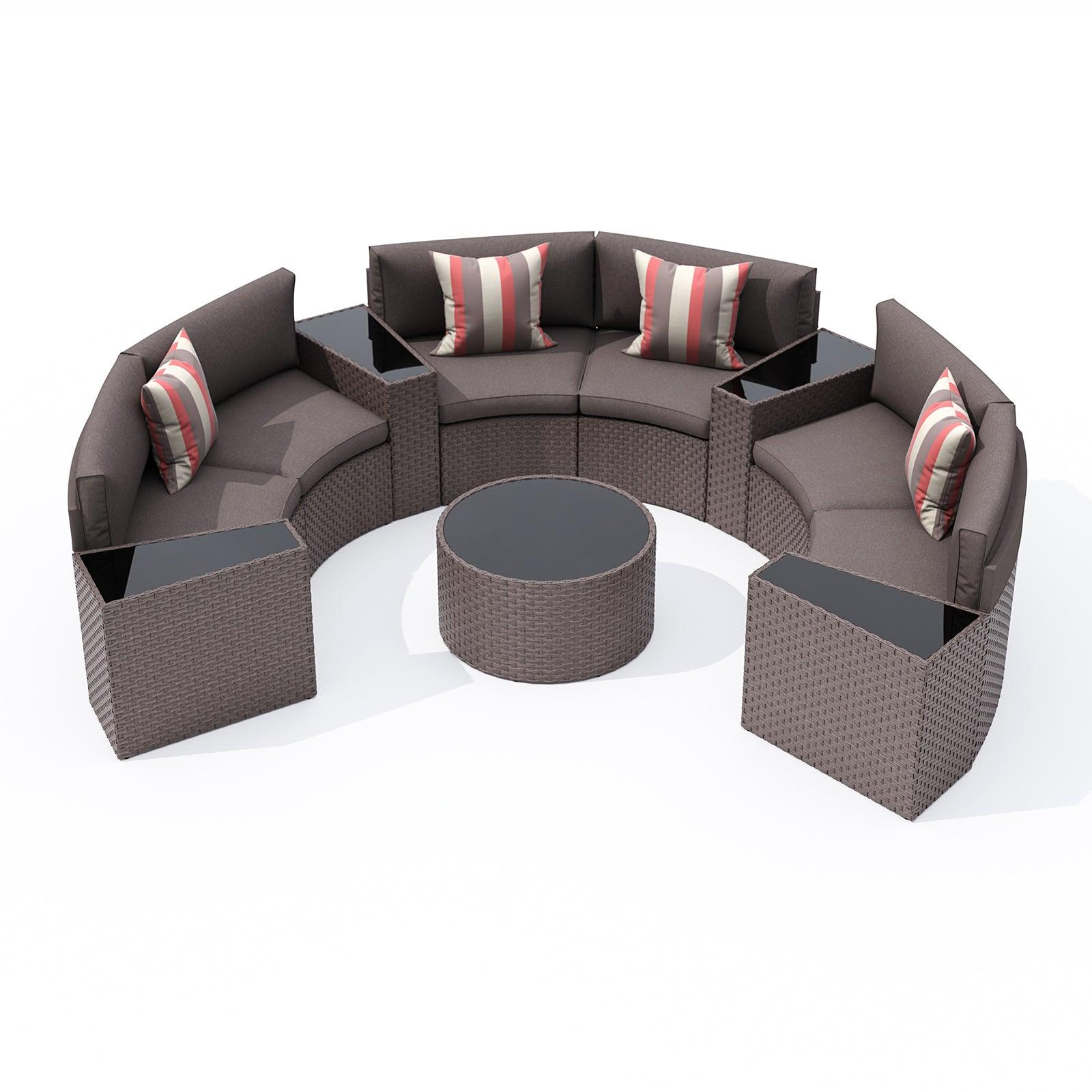 11pcs Outdoor Curved Sofas Wicker Outdoor Half Moon Sectional Set, Taupe | Orange-Casual