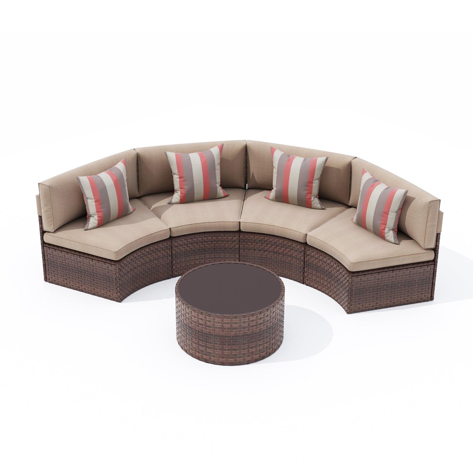 5pcs Outdoor Half-Moon Sectional Set Wicker Outdoor Curved Sofas, Brown | Orange-Casual